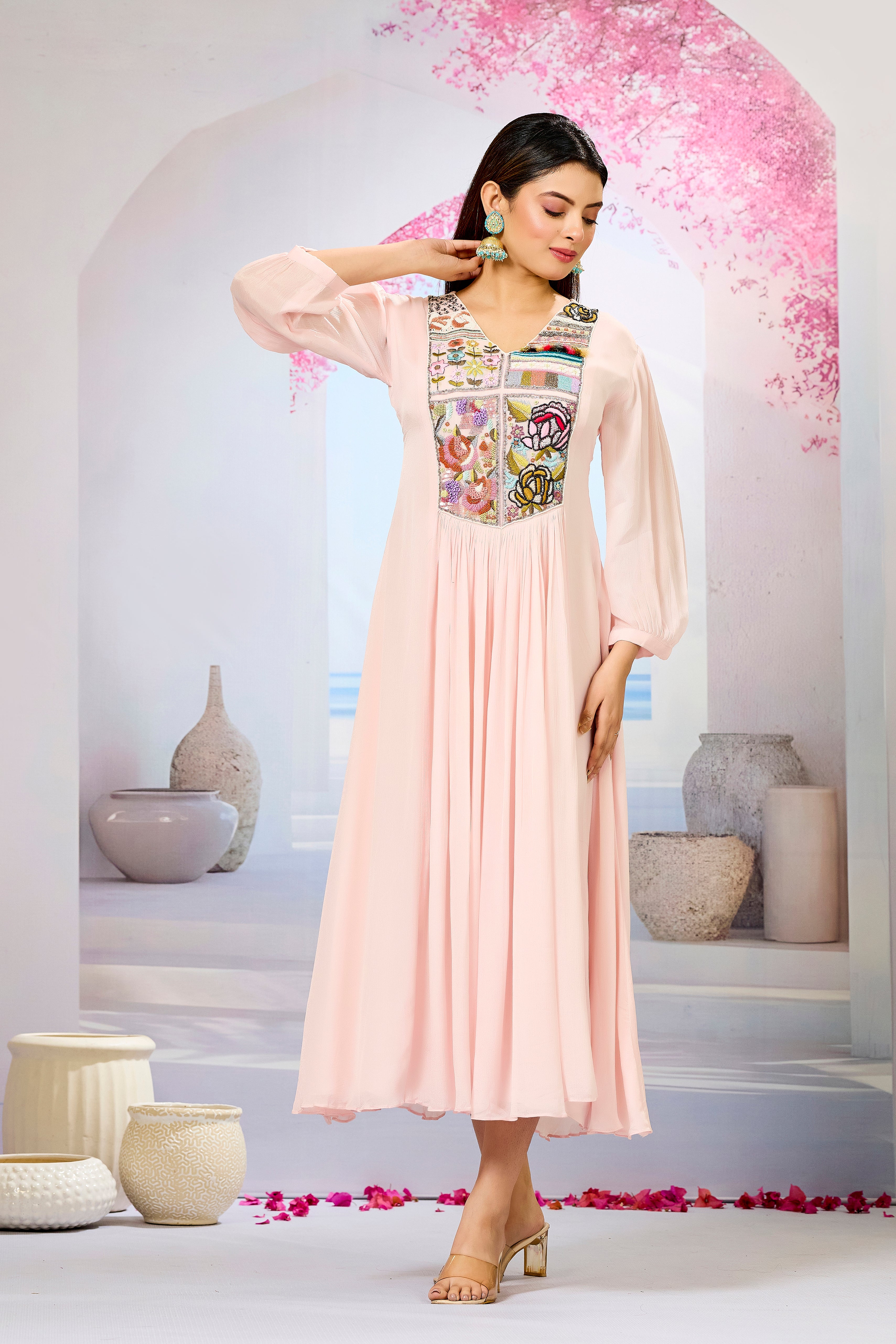 Pink Embellished Chinon Silk Dress