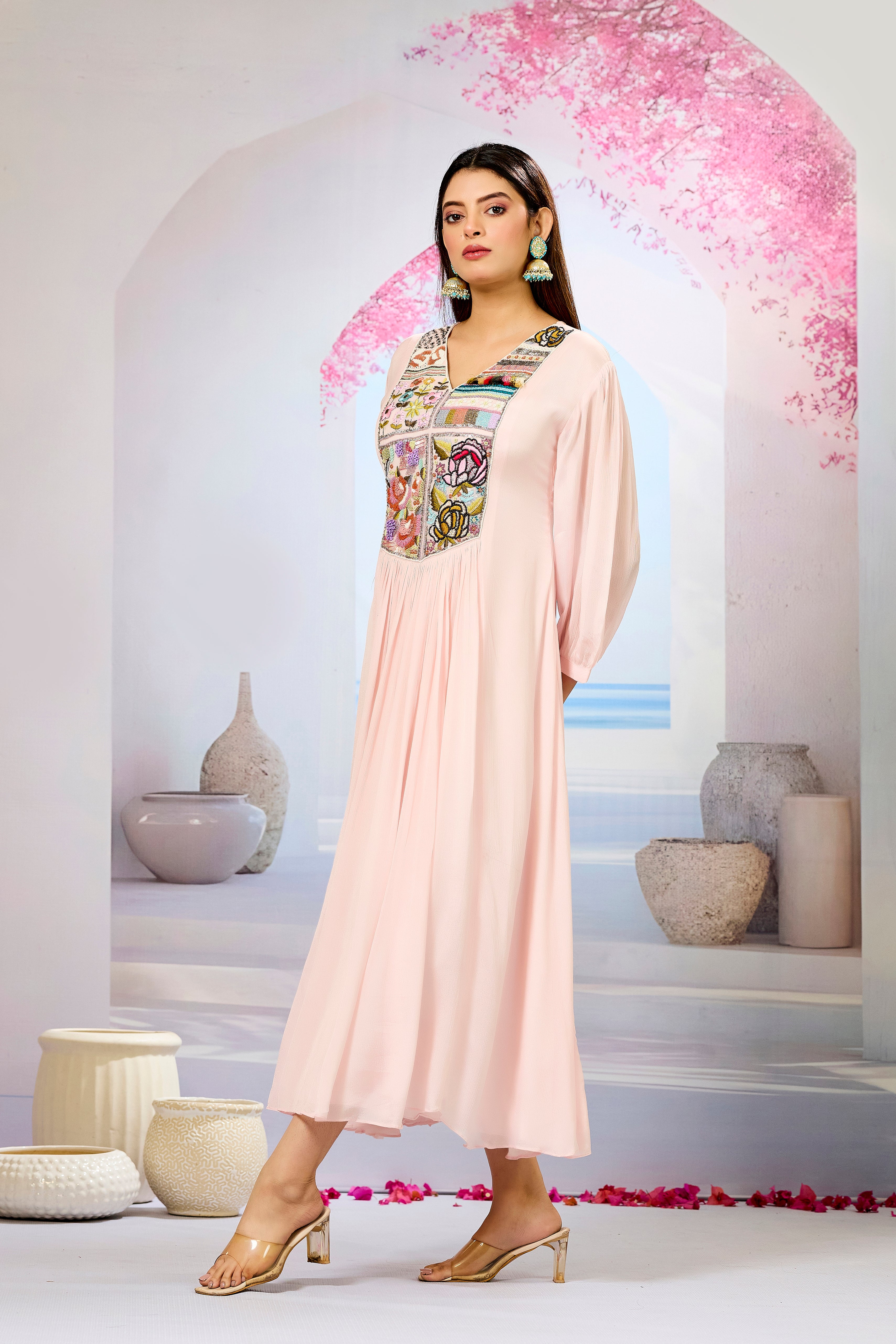 Pink Embellished Chinon Silk Dress