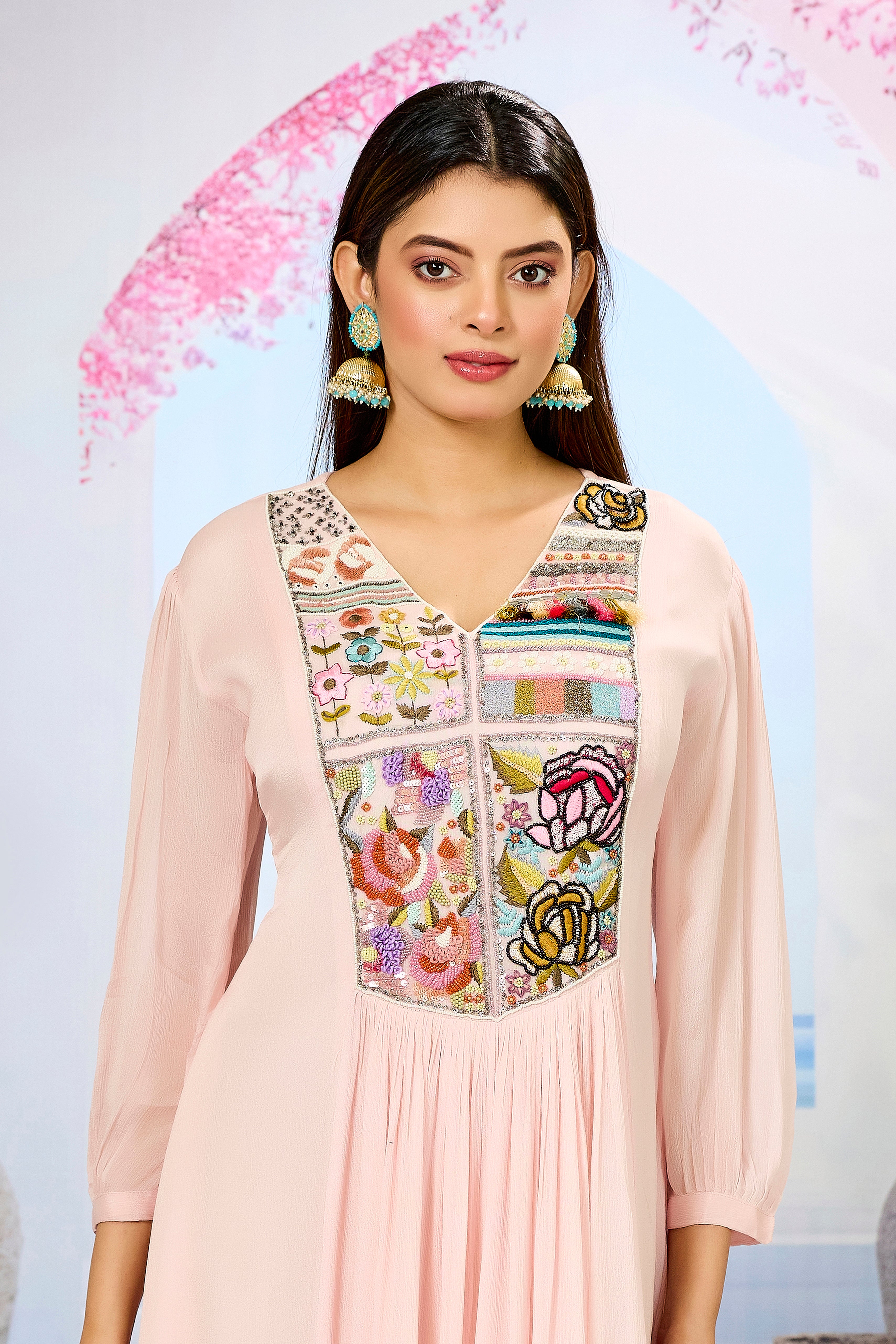 Pink Embellished Chinon Silk Dress