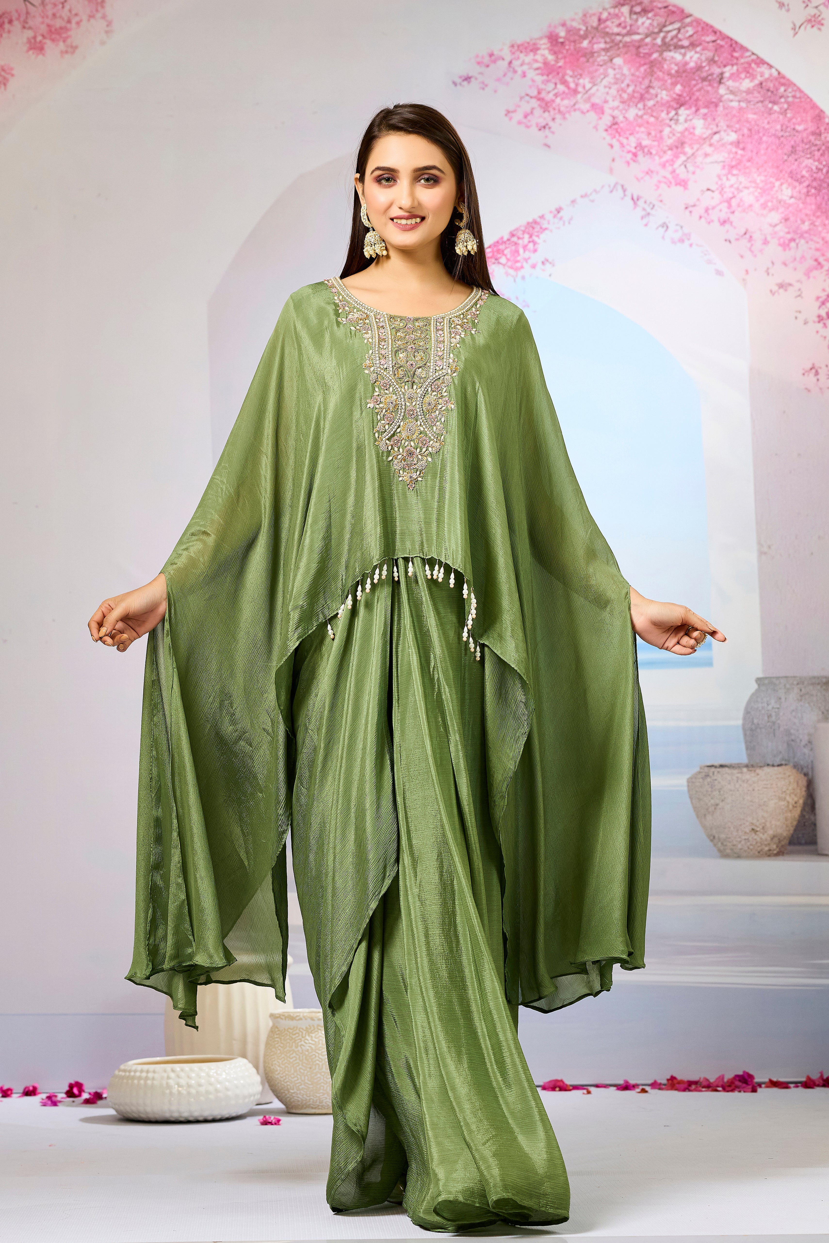 Green Embroidered Chinon Silk Skirt Set