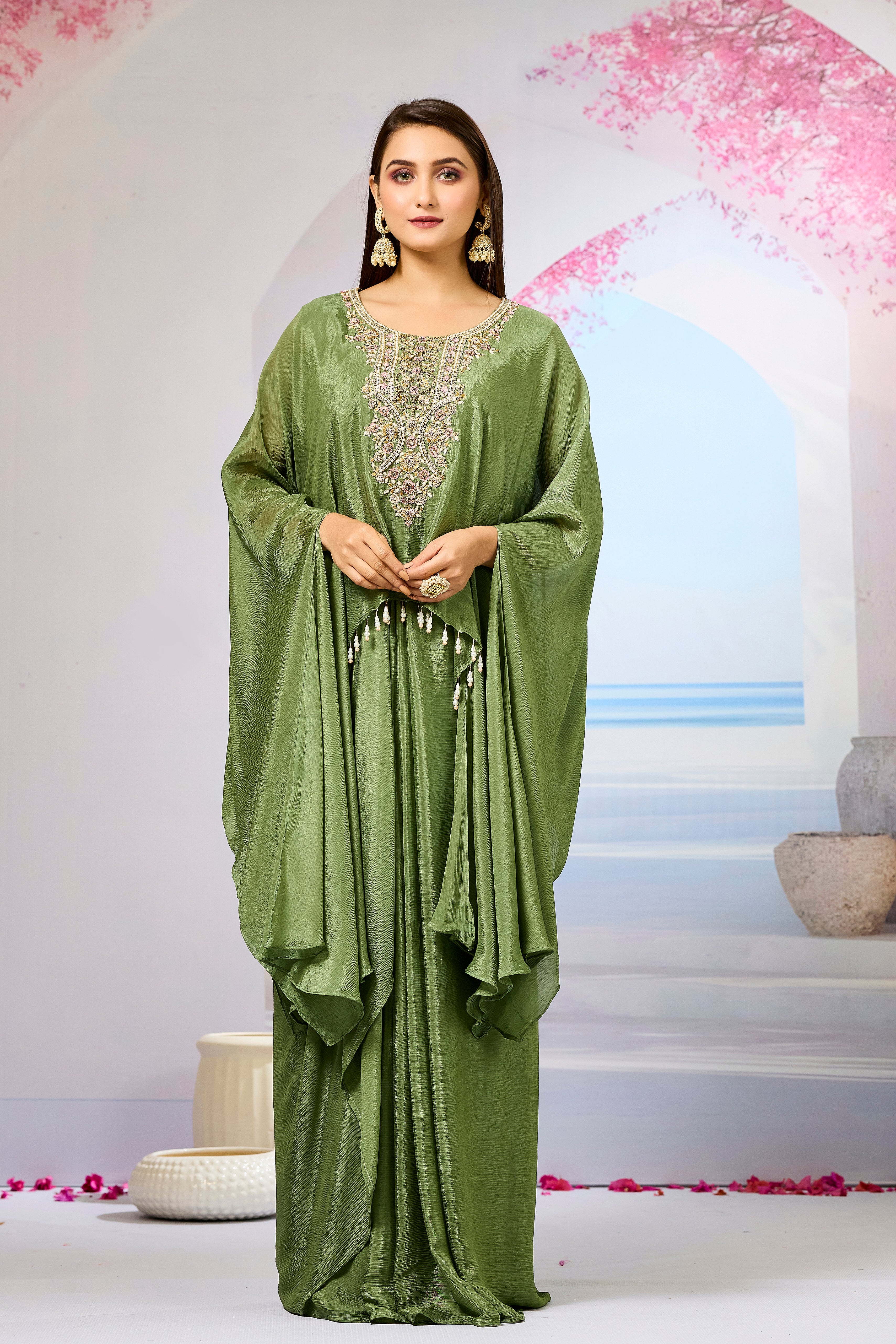 Green Embroidered Chinon Silk Skirt Set
