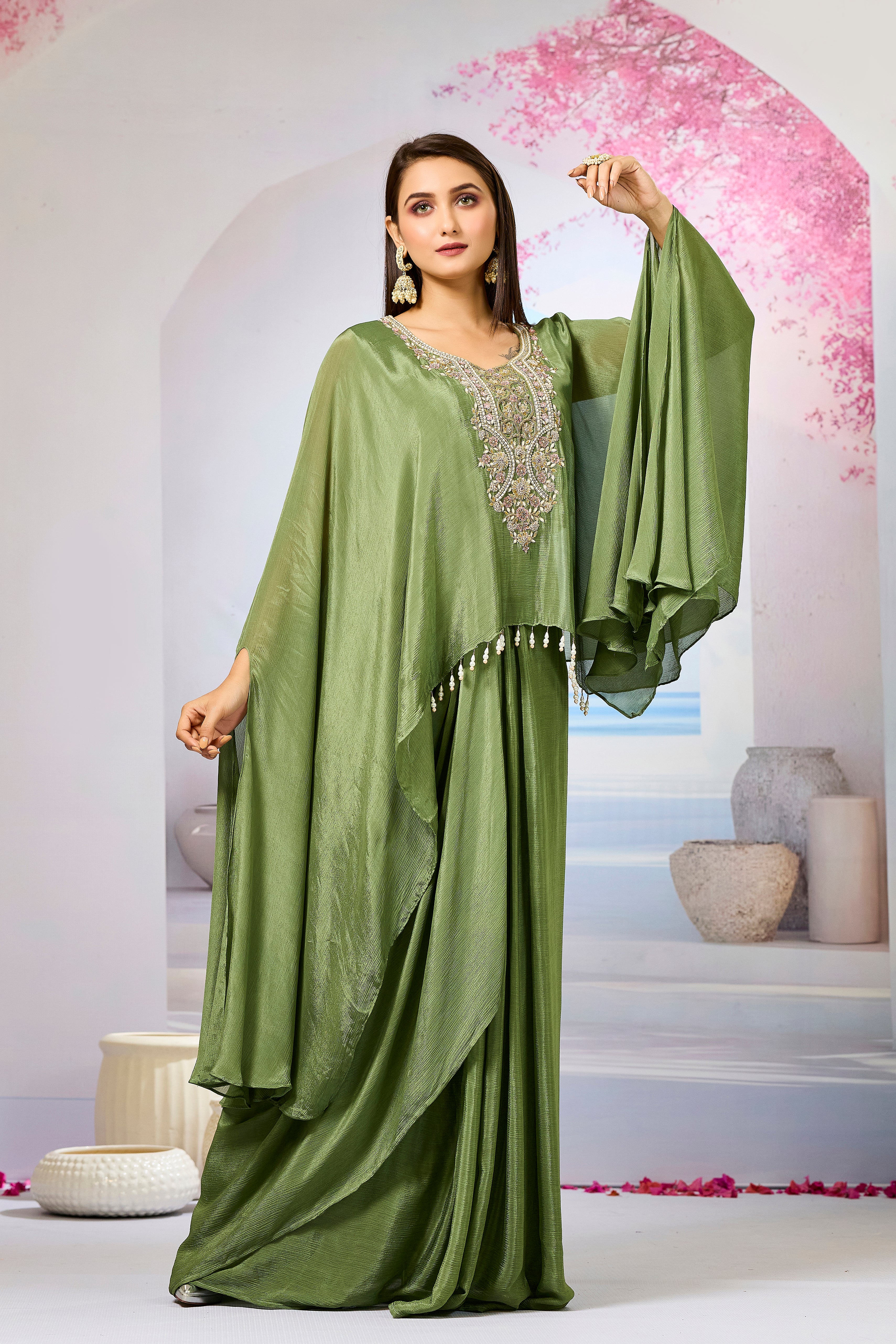 Green Embroidered Chinon Silk Skirt Set
