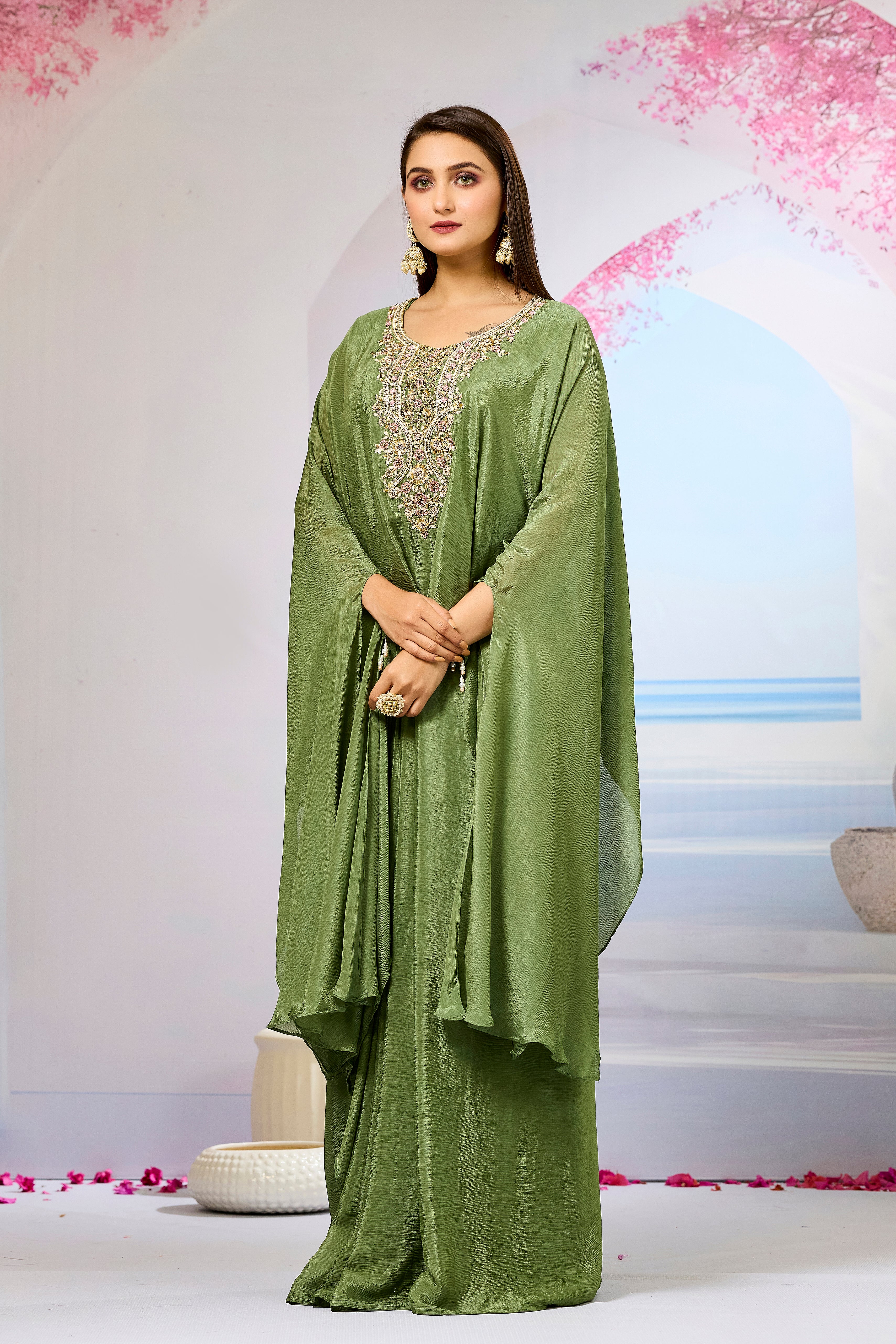 Green Embroidered Chinon Silk Skirt Set