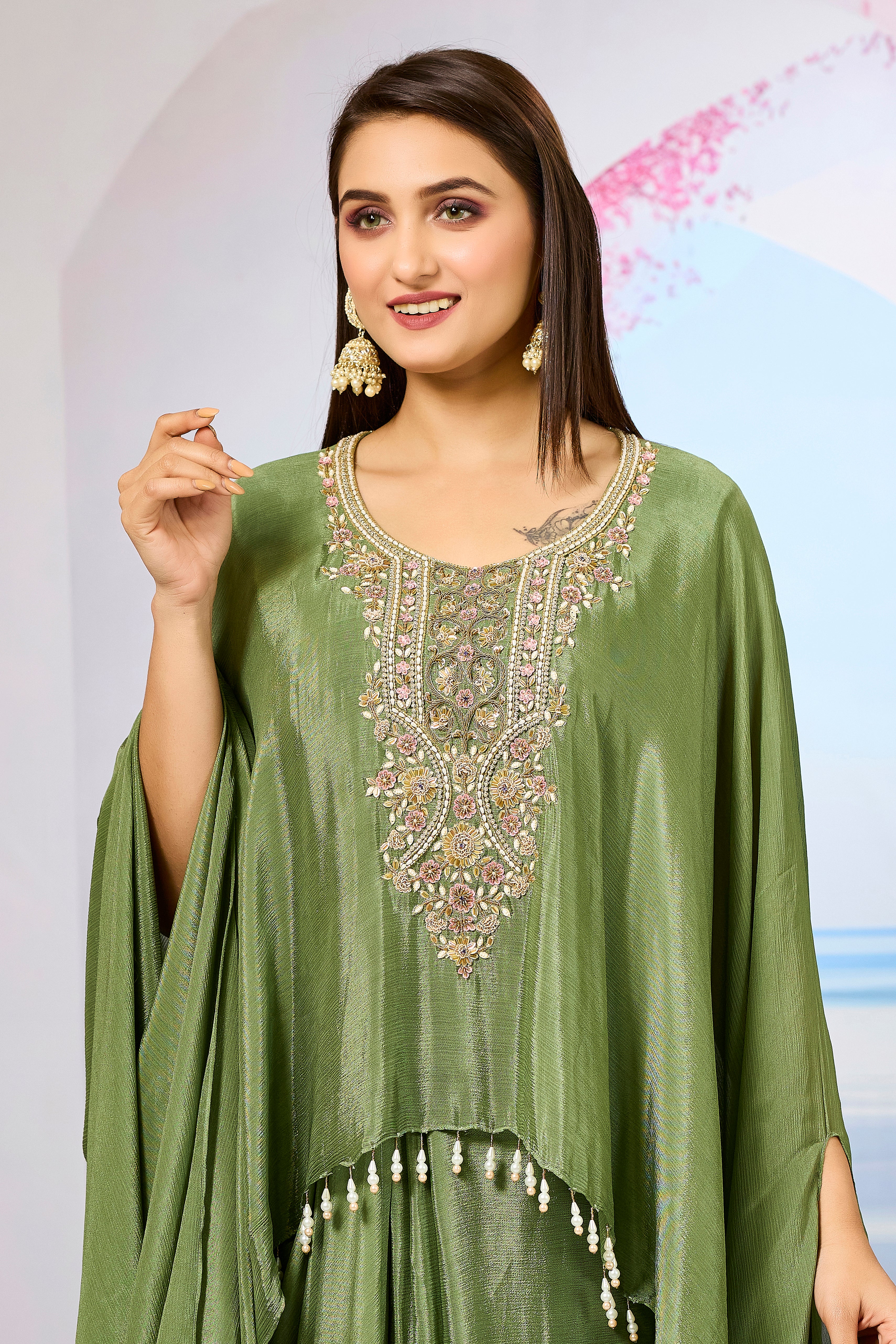 Green Embroidered Chinon Silk Skirt Set