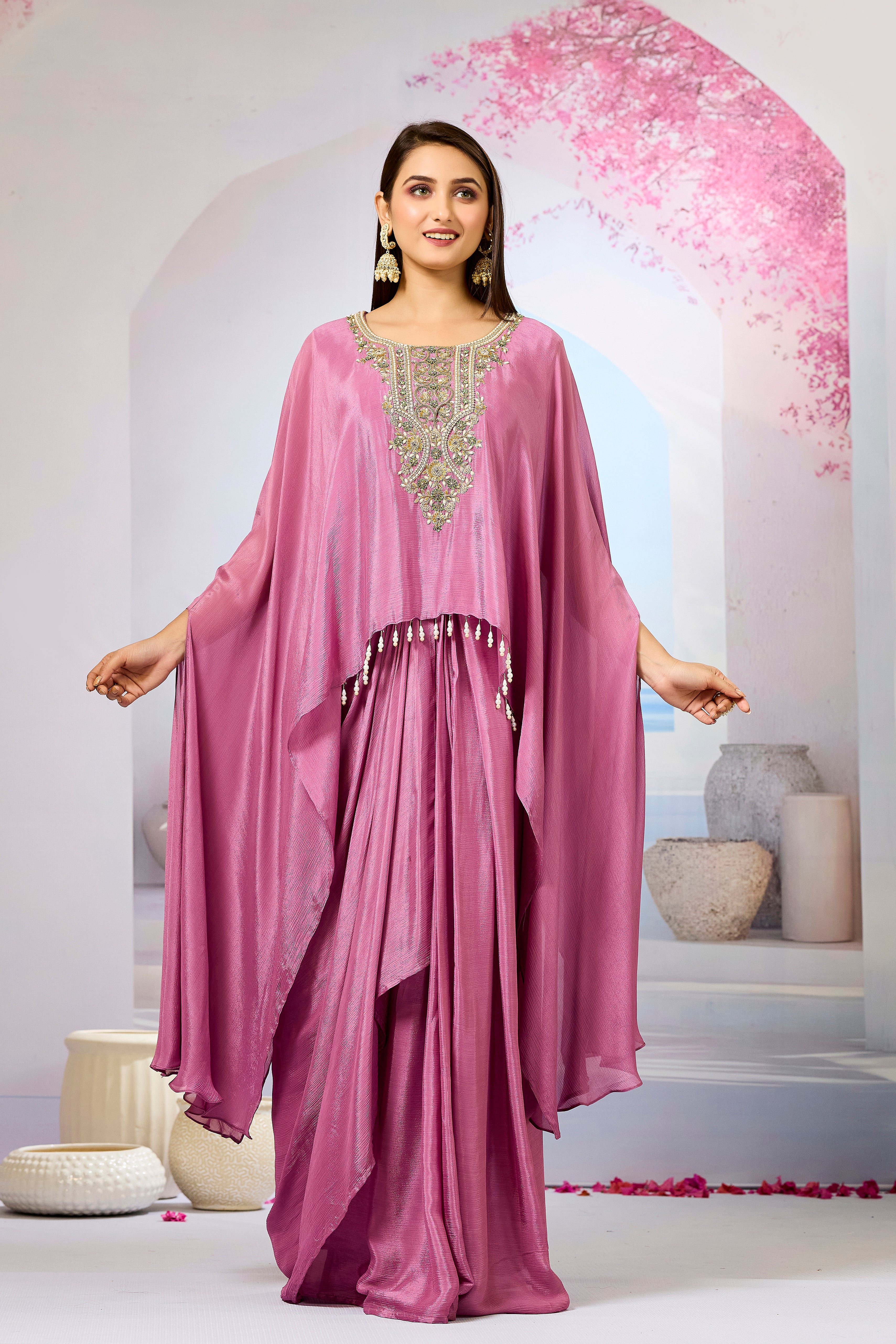 Pink Embroidered Chinon Silk Skirt Set