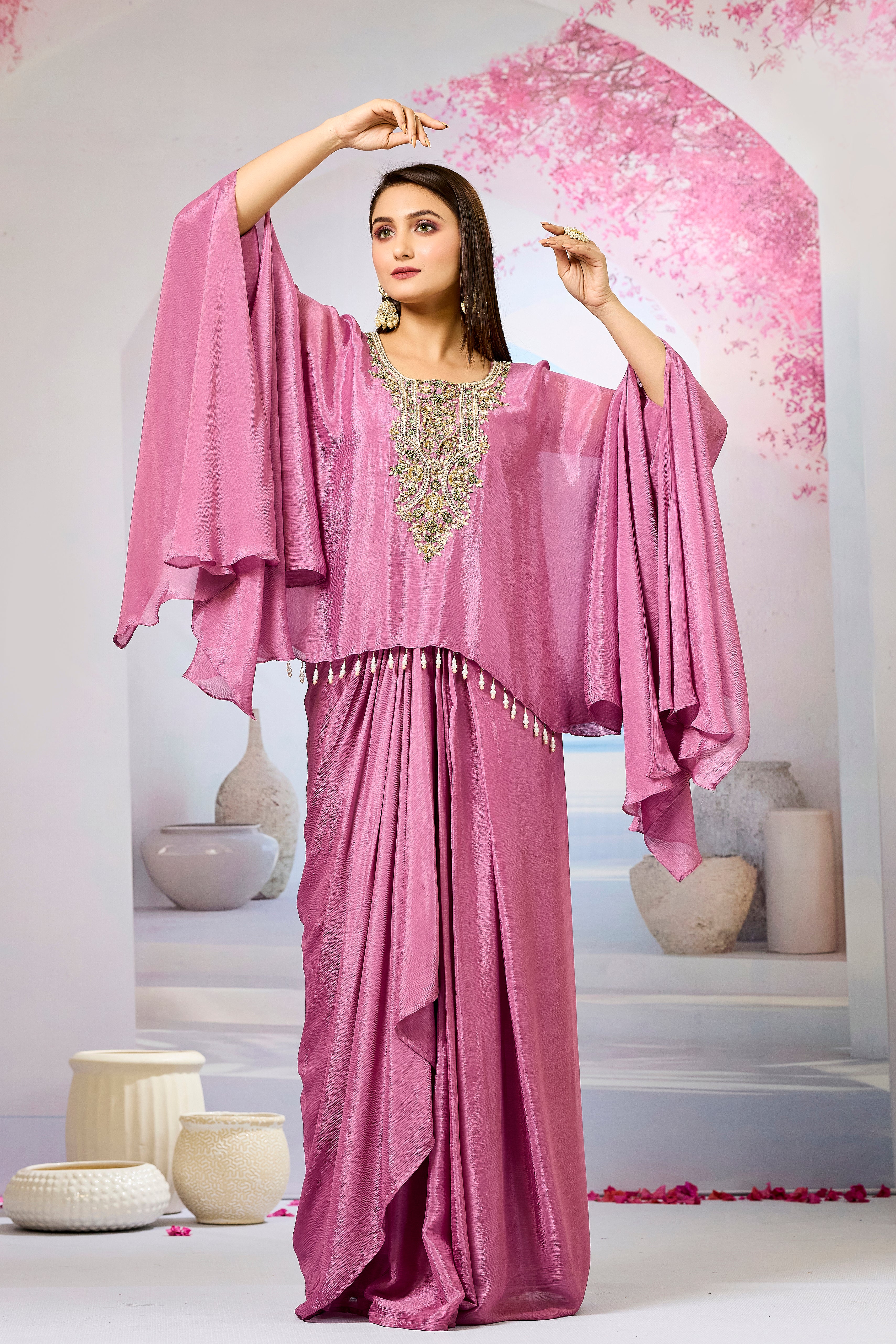 Pink Embroidered Chinon Silk Skirt Set