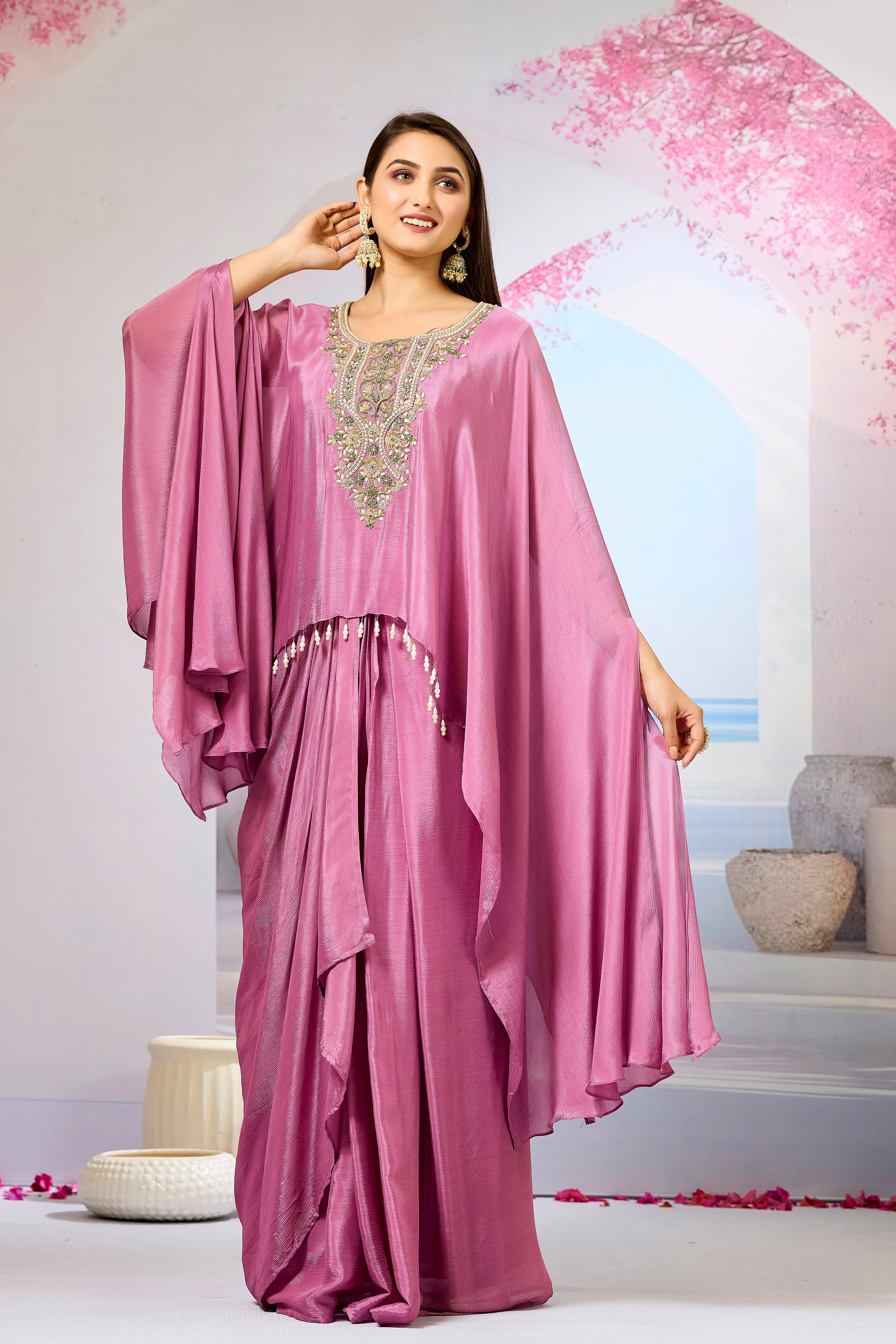 Pink Embroidered Chinon Silk Skirt Set