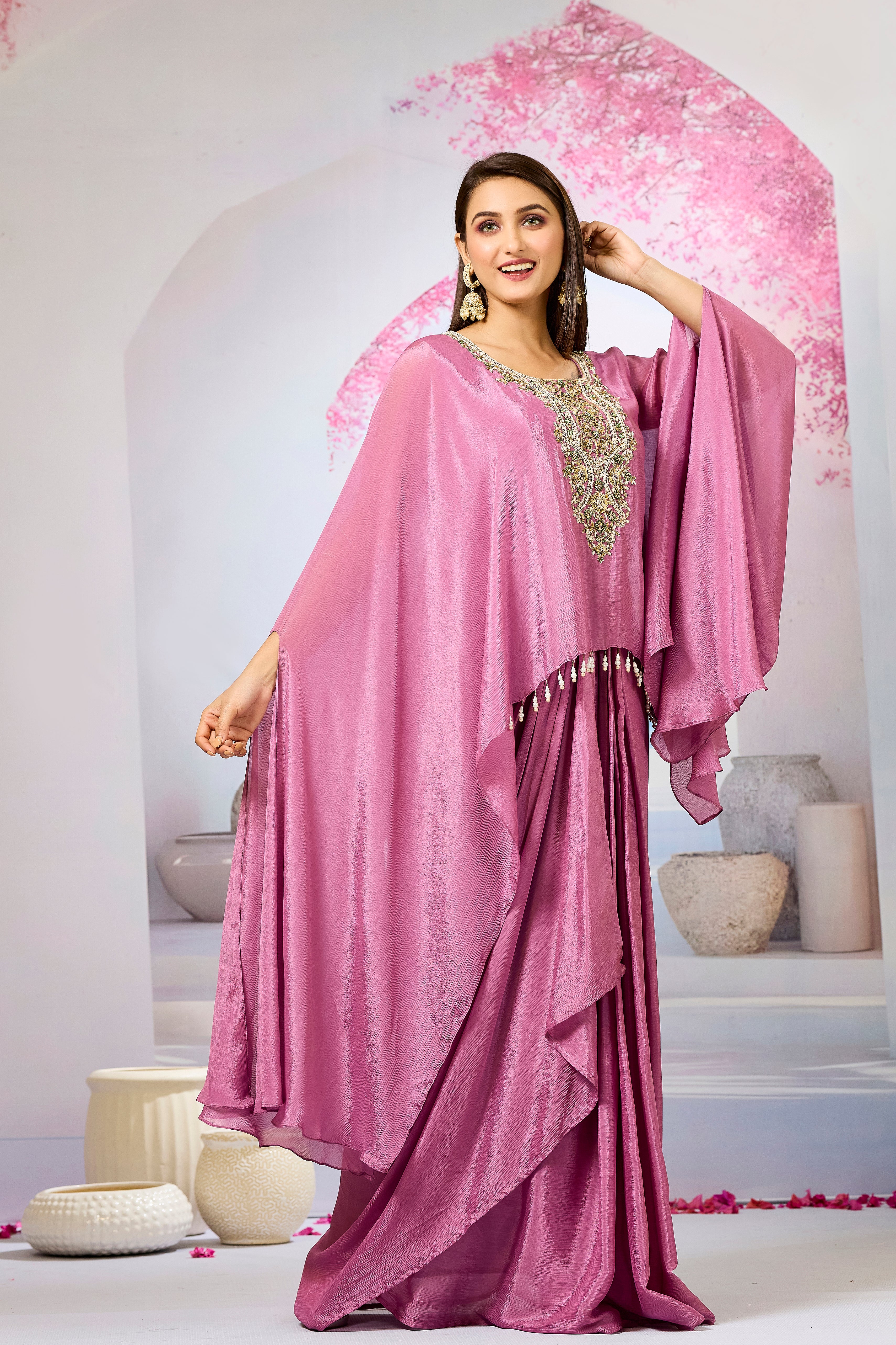 Pink Embroidered Chinon Silk Skirt Set