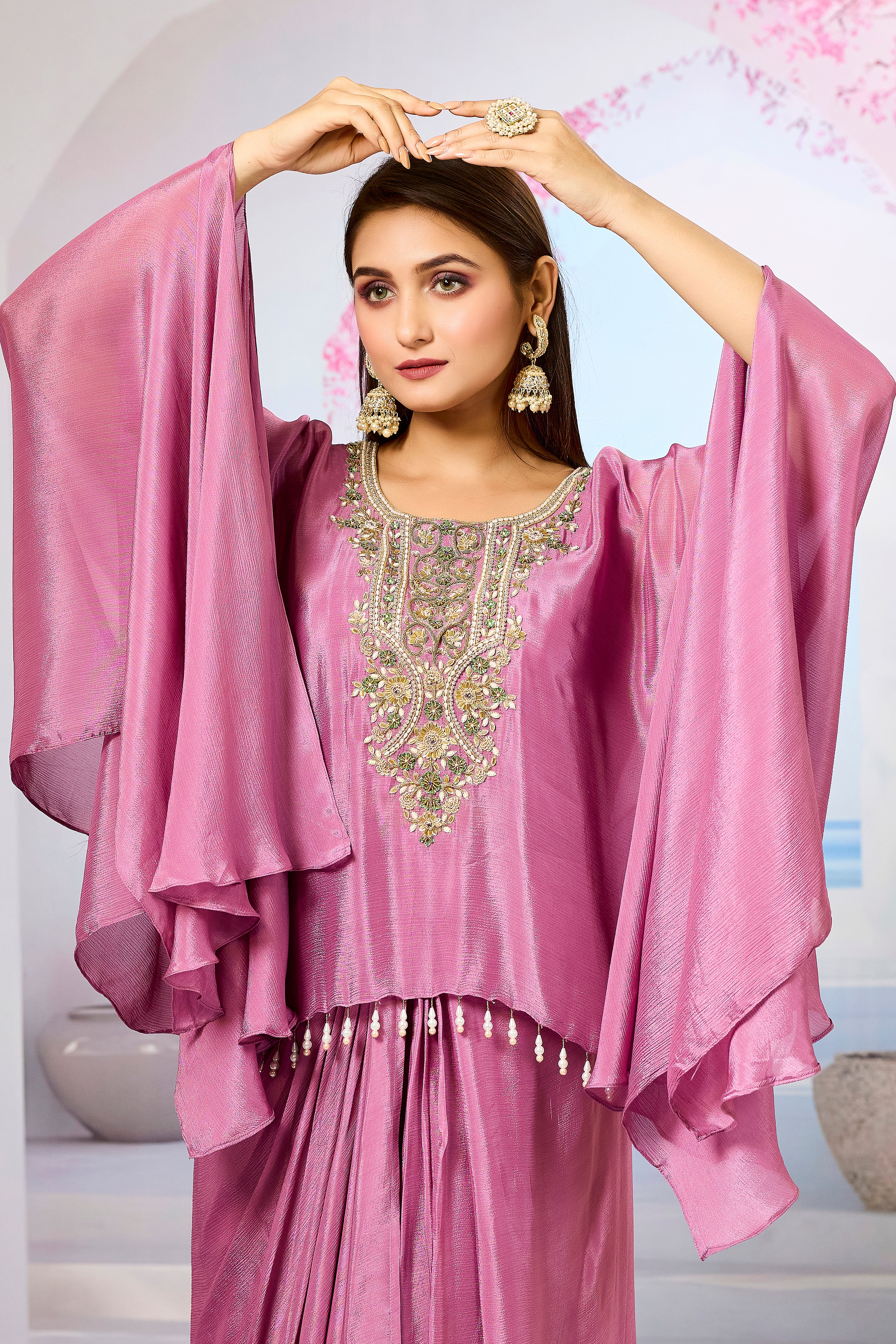 Pink Embroidered Chinon Silk Skirt Set