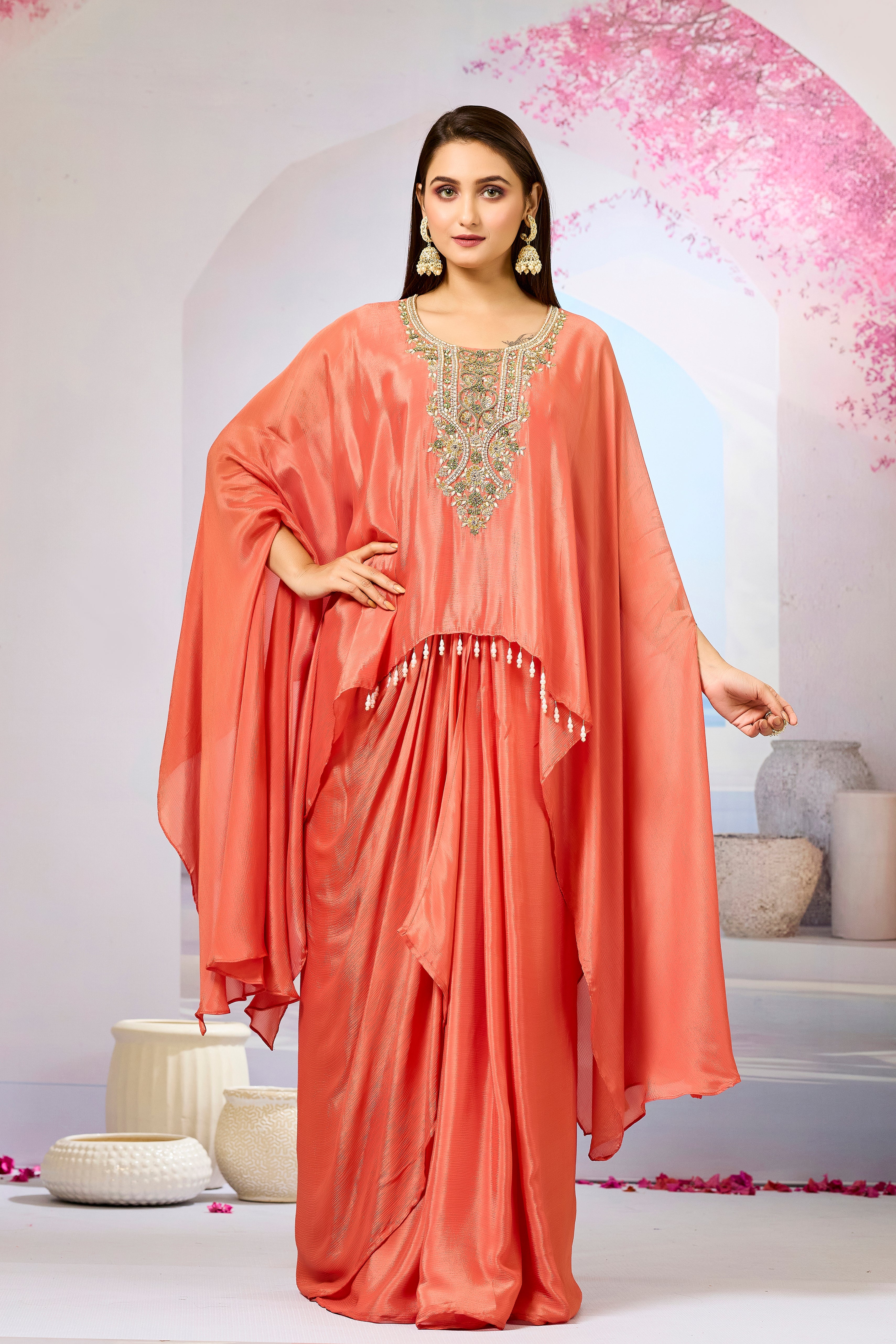 Orange Embroidered Chinon Silk Skirt Set