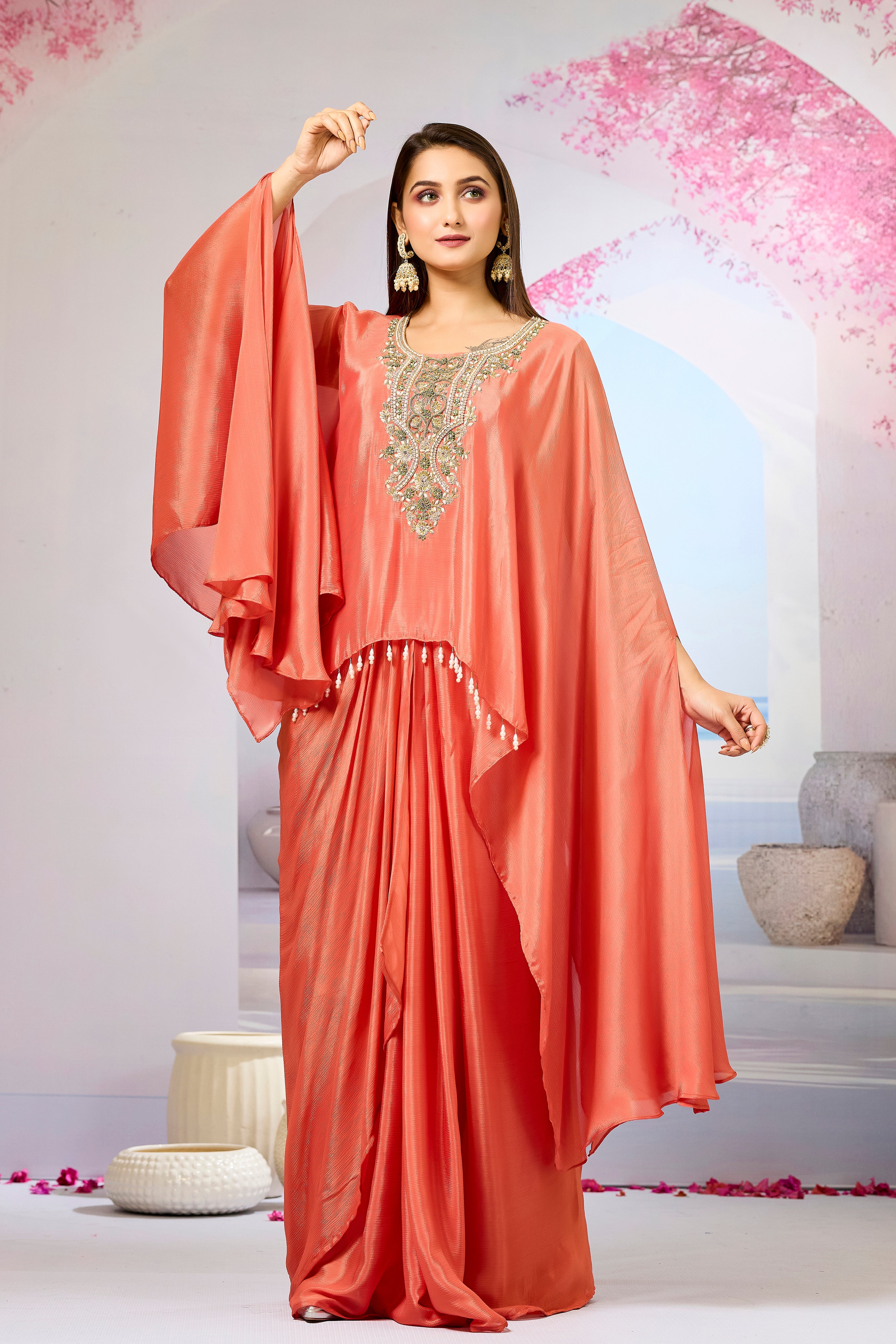 Orange Embroidered Chinon Silk Skirt Set