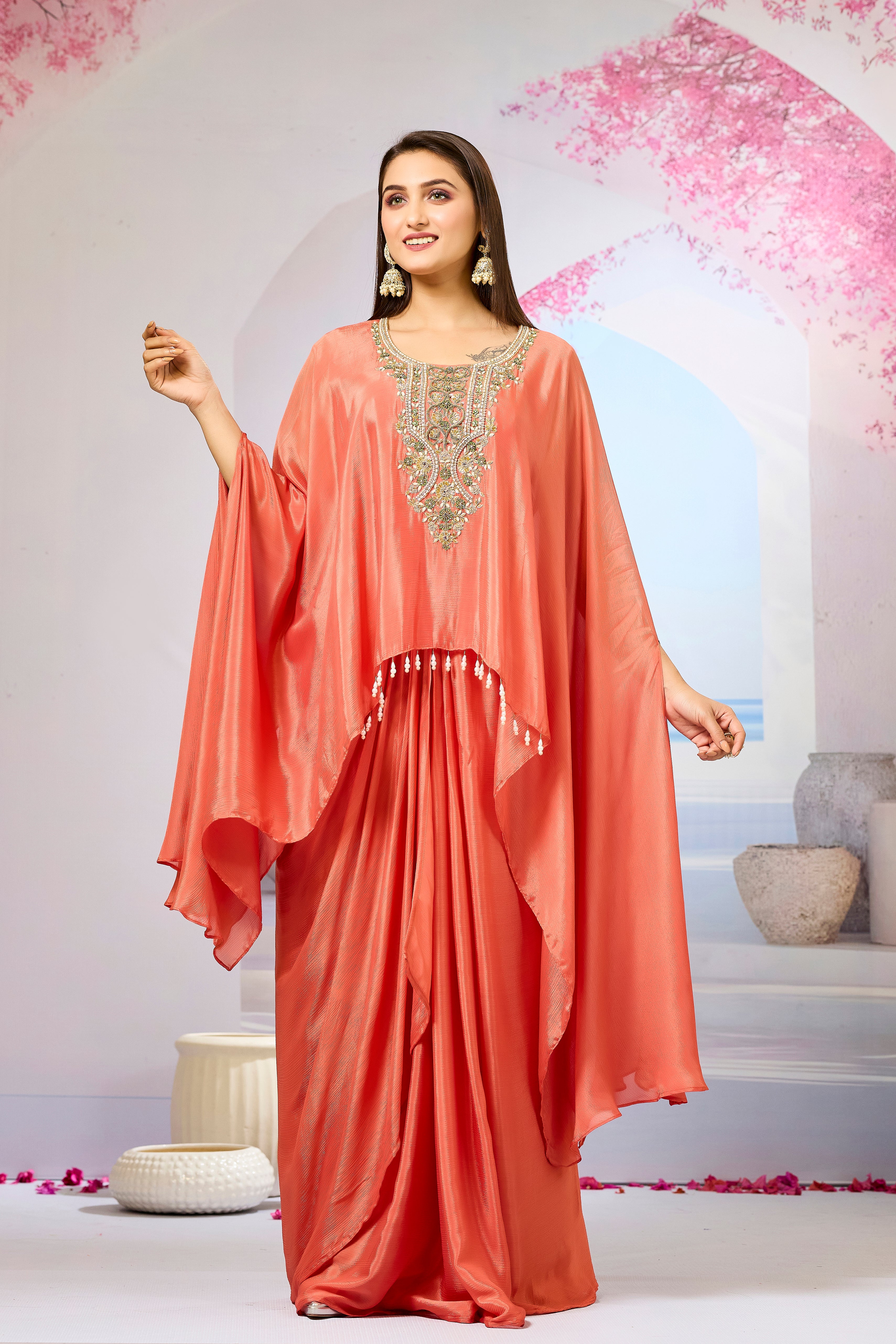 Orange Embroidered Chinon Silk Skirt Set