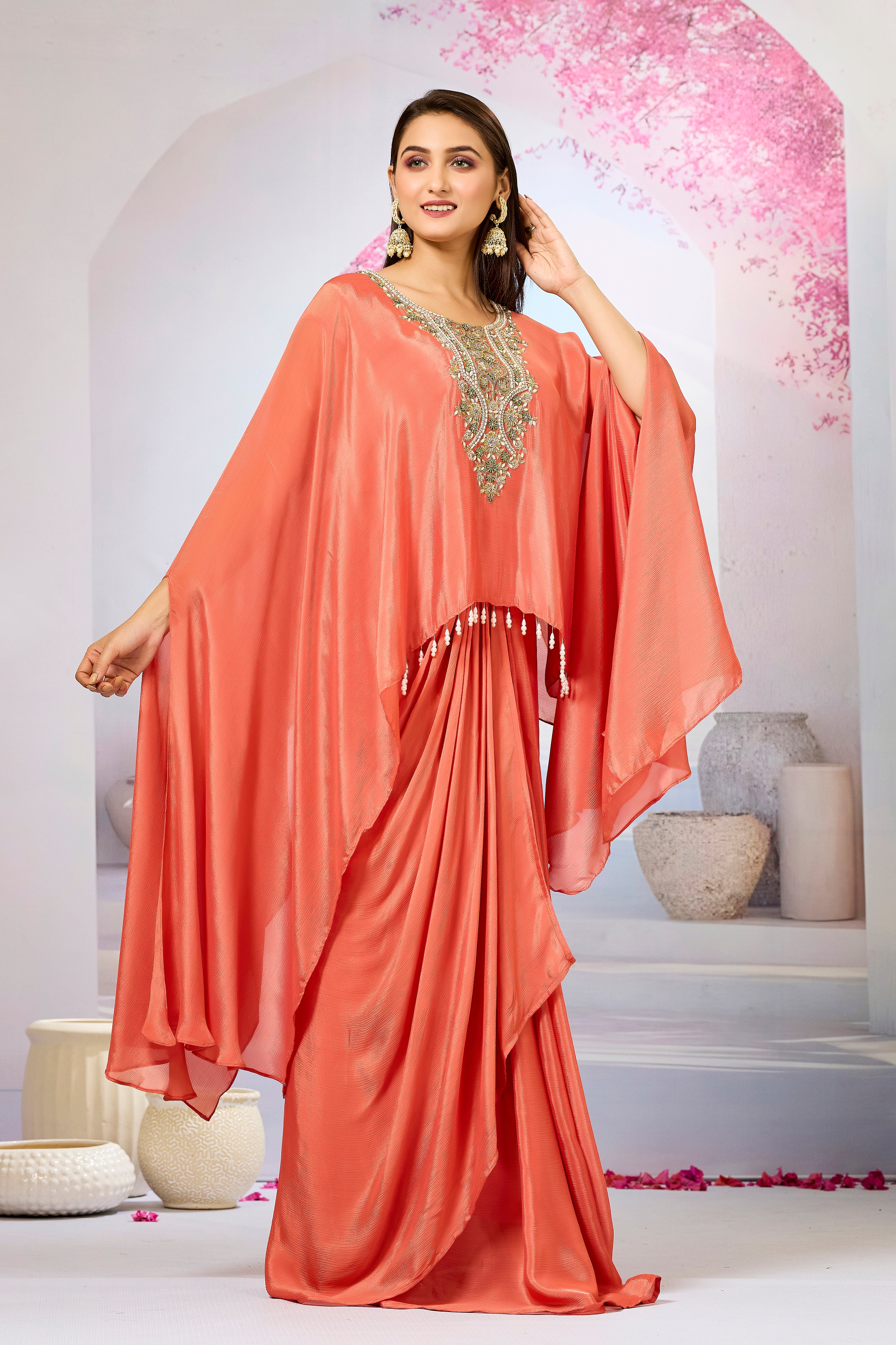 Orange Embroidered Chinon Silk Skirt Set