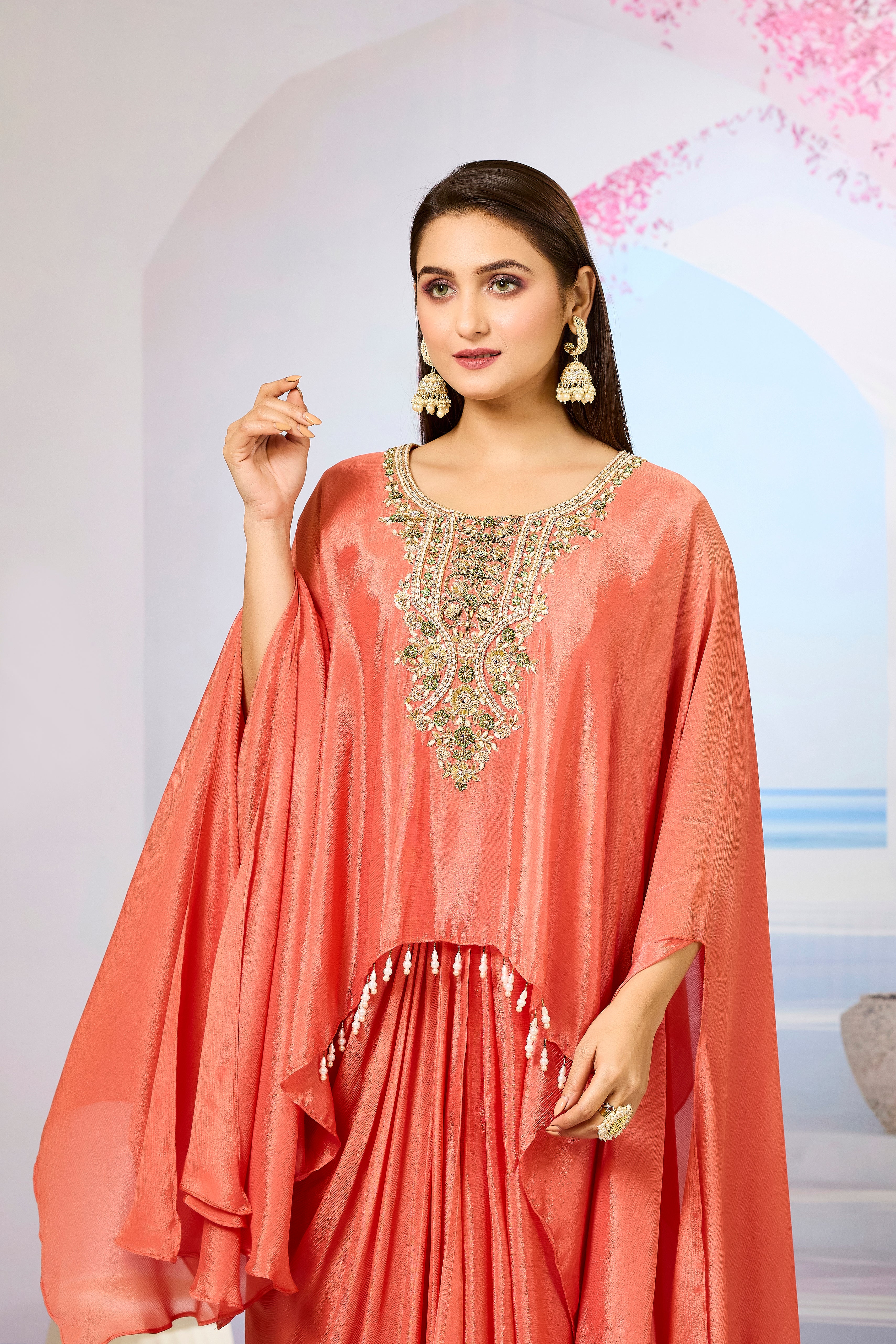 Orange Embroidered Chinon Silk Skirt Set