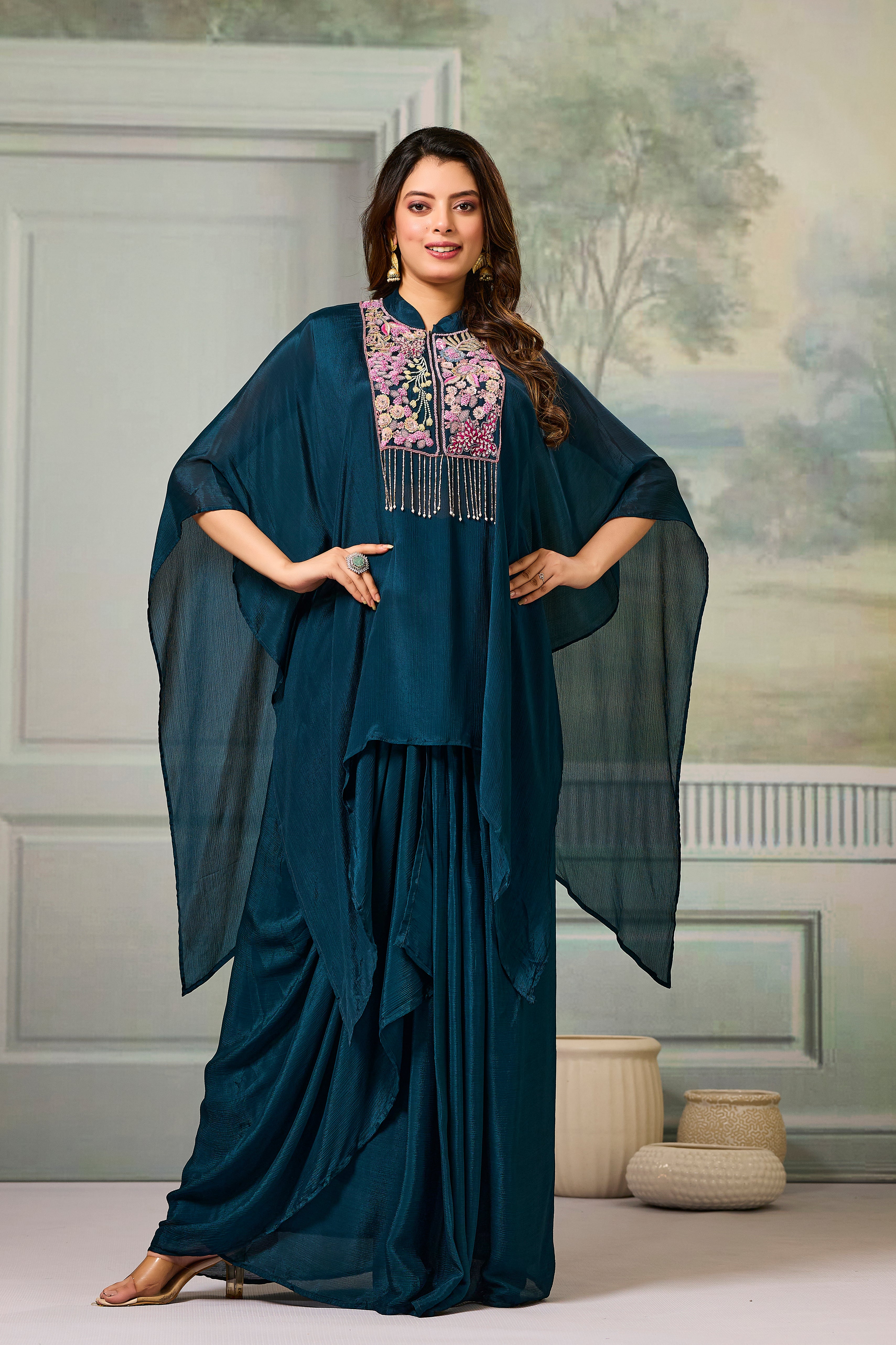 Deep Teal Embroidered Chinon Silk Skirt Set