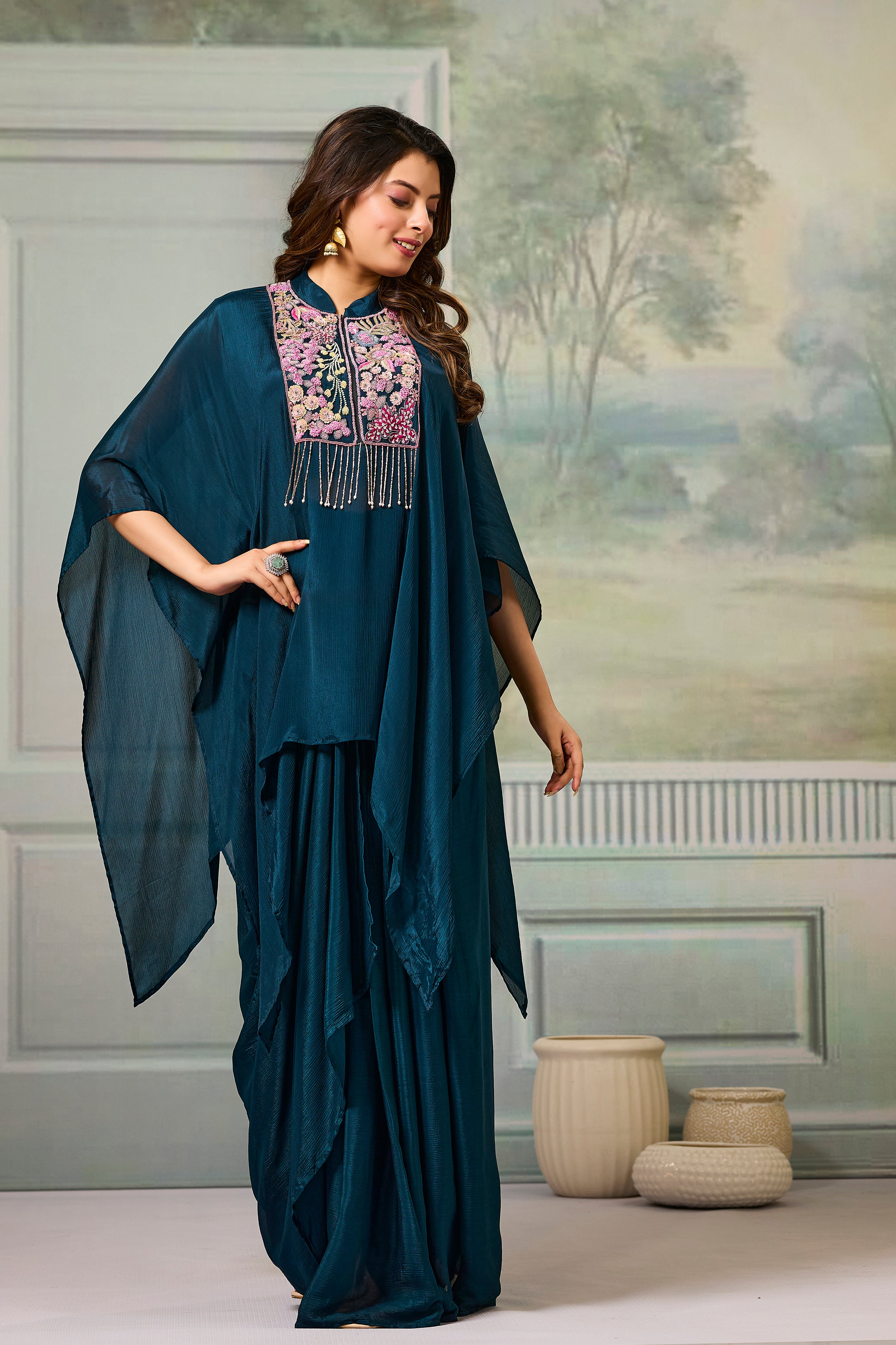 Deep Teal Embroidered Chinon Silk Skirt Set