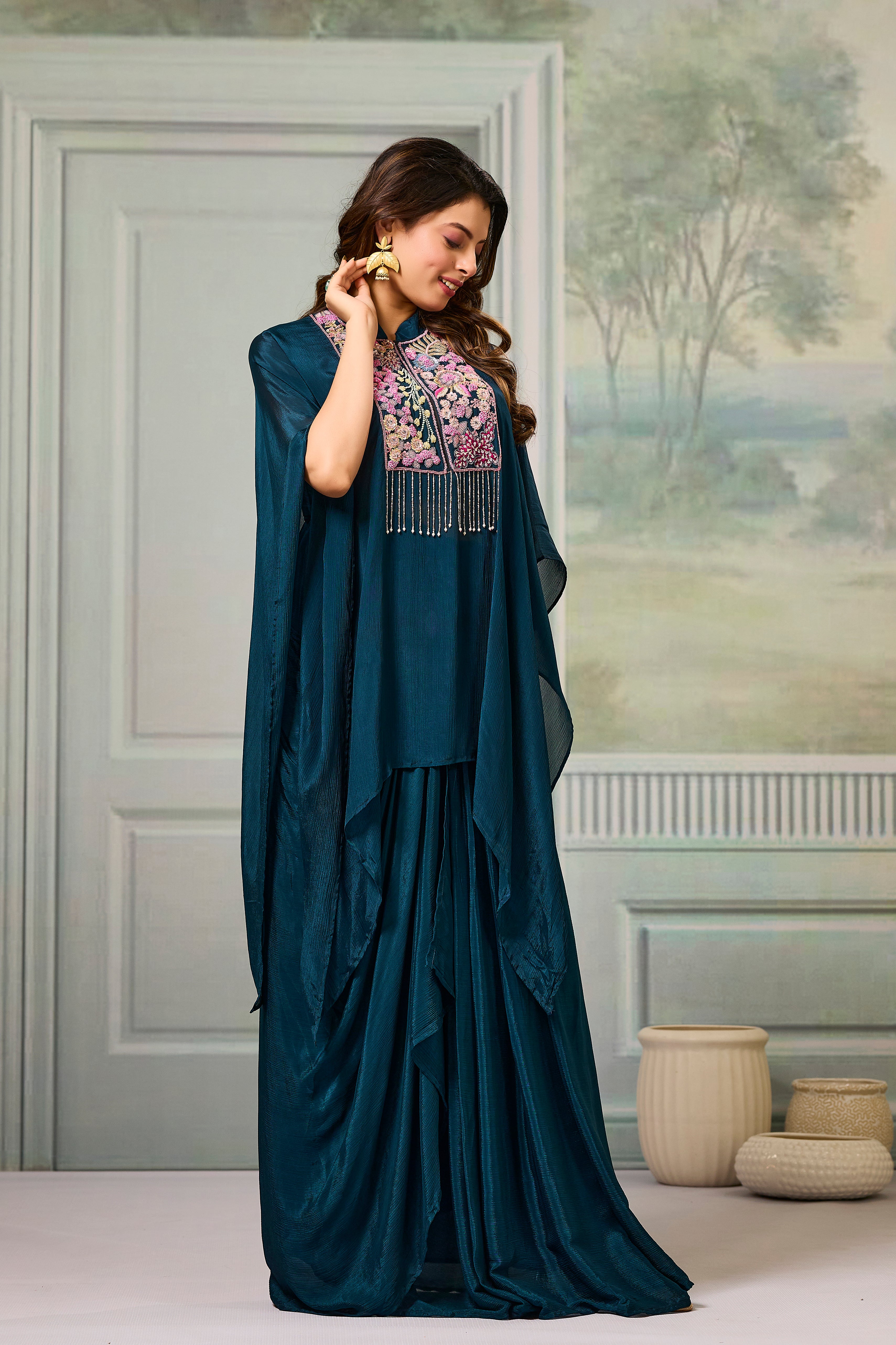 Deep Teal Embroidered Chinon Silk Skirt Set