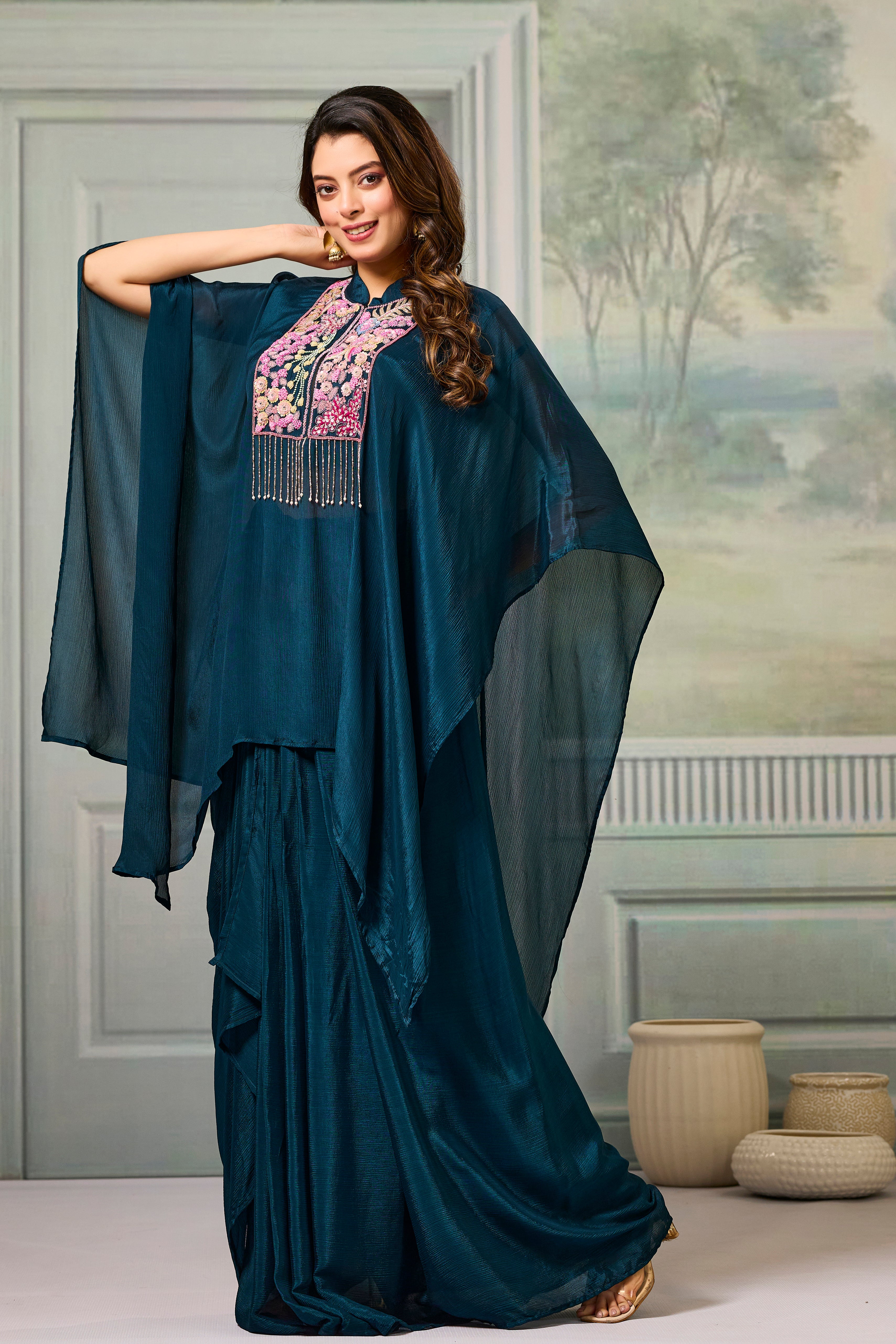 Deep Teal Embroidered Chinon Silk Skirt Set