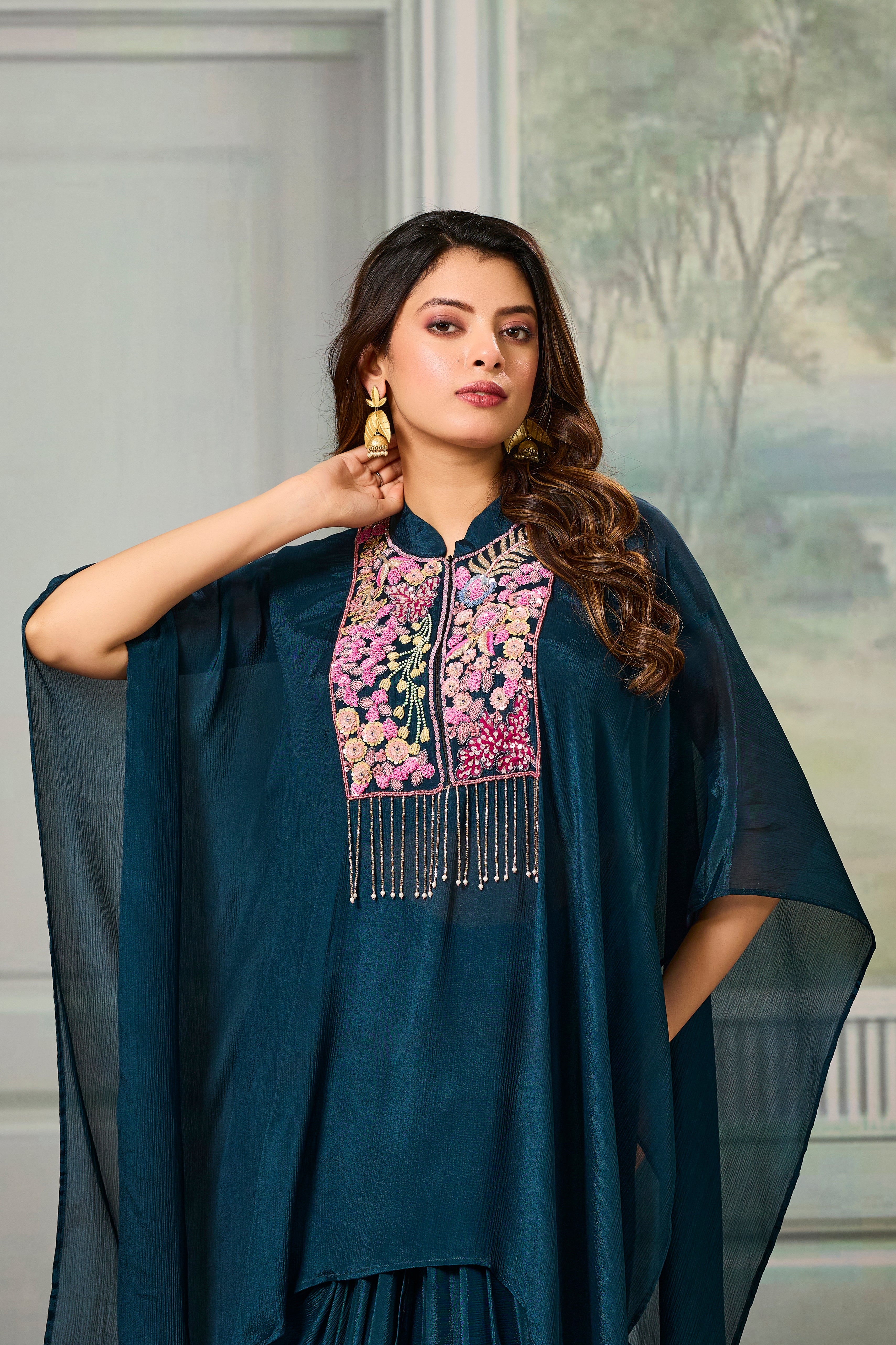 Deep Teal Embroidered Chinon Silk Skirt Set