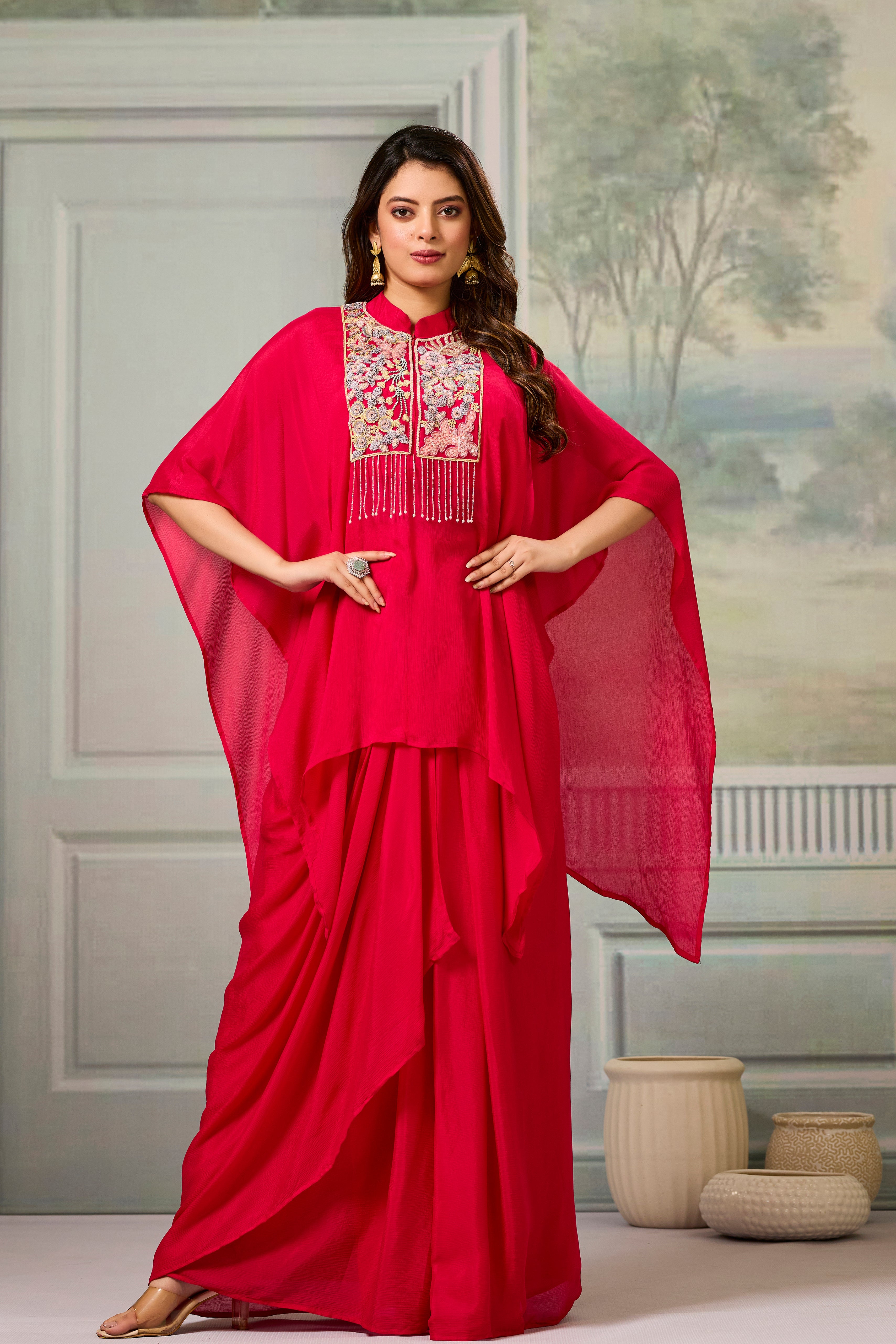 Red Embroidered Chinon Silk Skirt Set