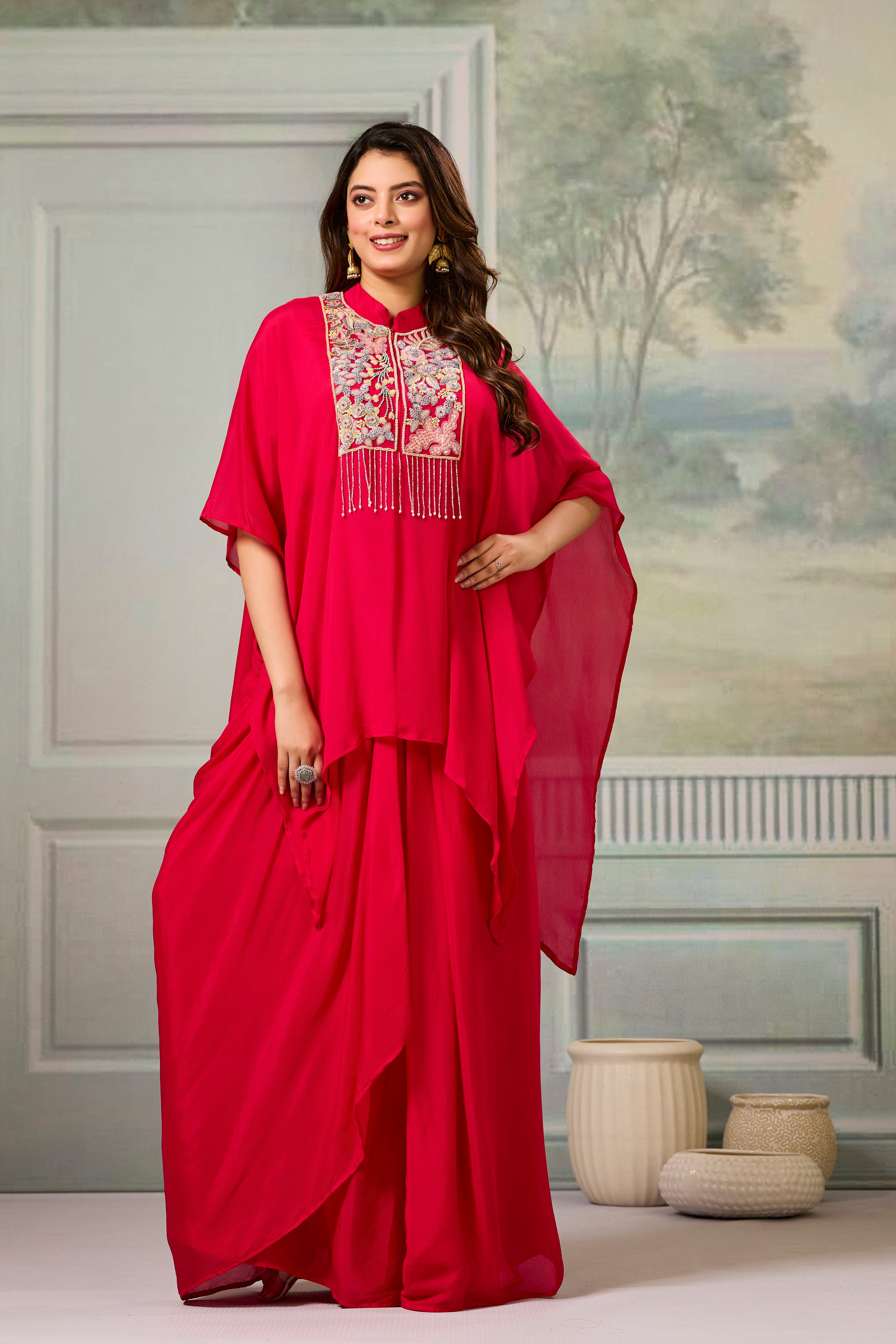 Red Embroidered Chinon Silk Skirt Set