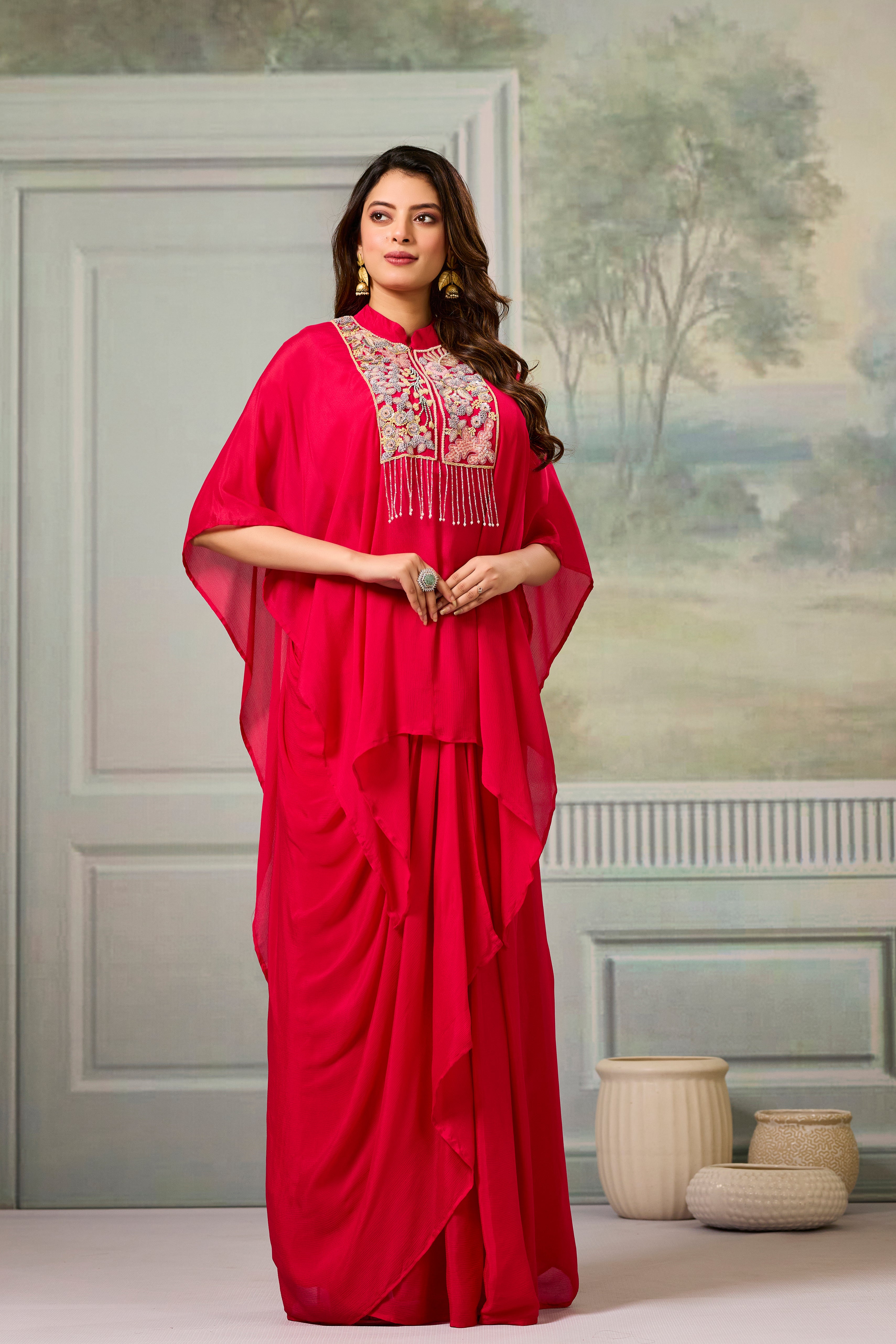 Red Embroidered Chinon Silk Skirt Set