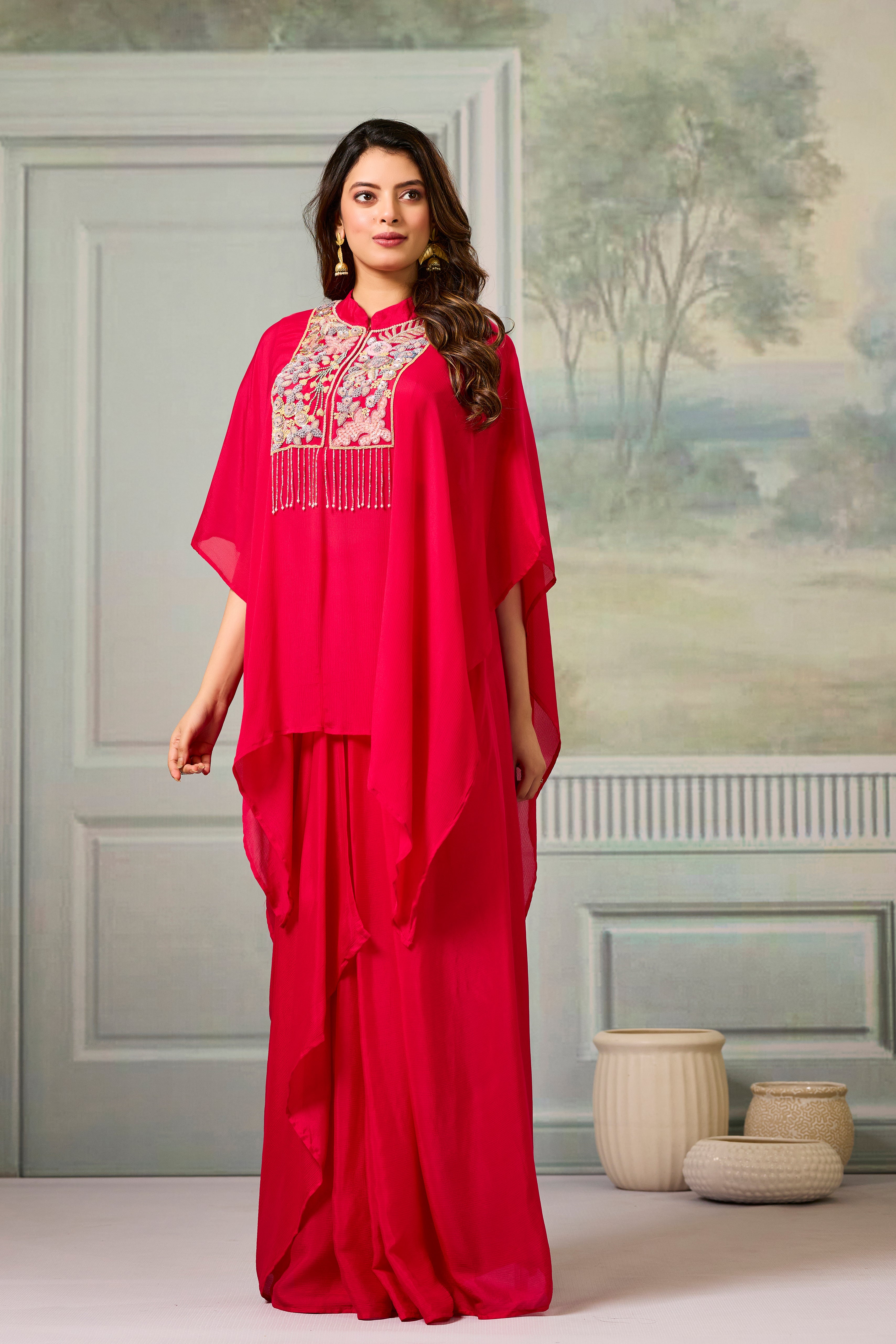 Red Embroidered Chinon Silk Skirt Set