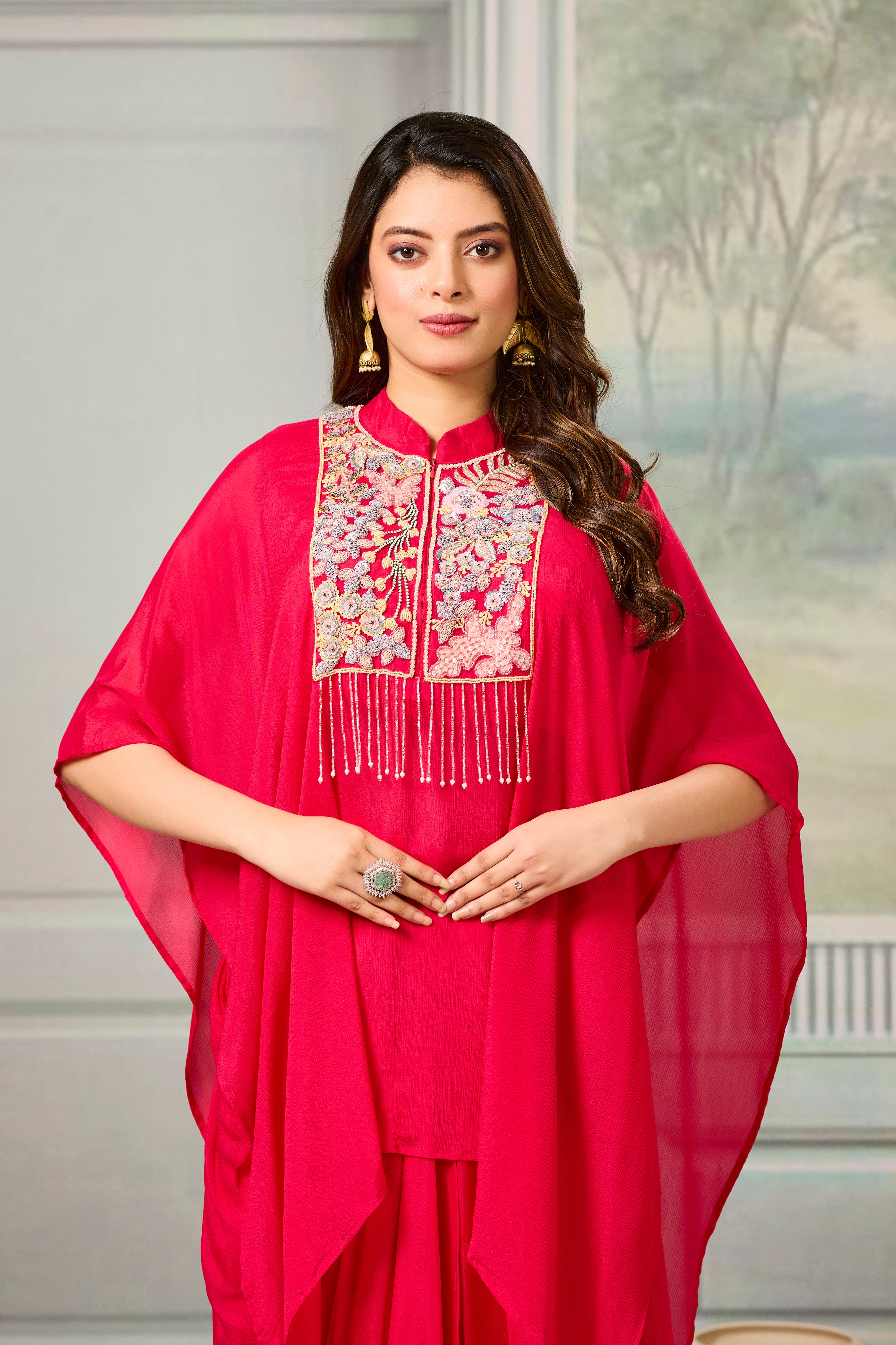 Red Embroidered Chinon Silk Skirt Set