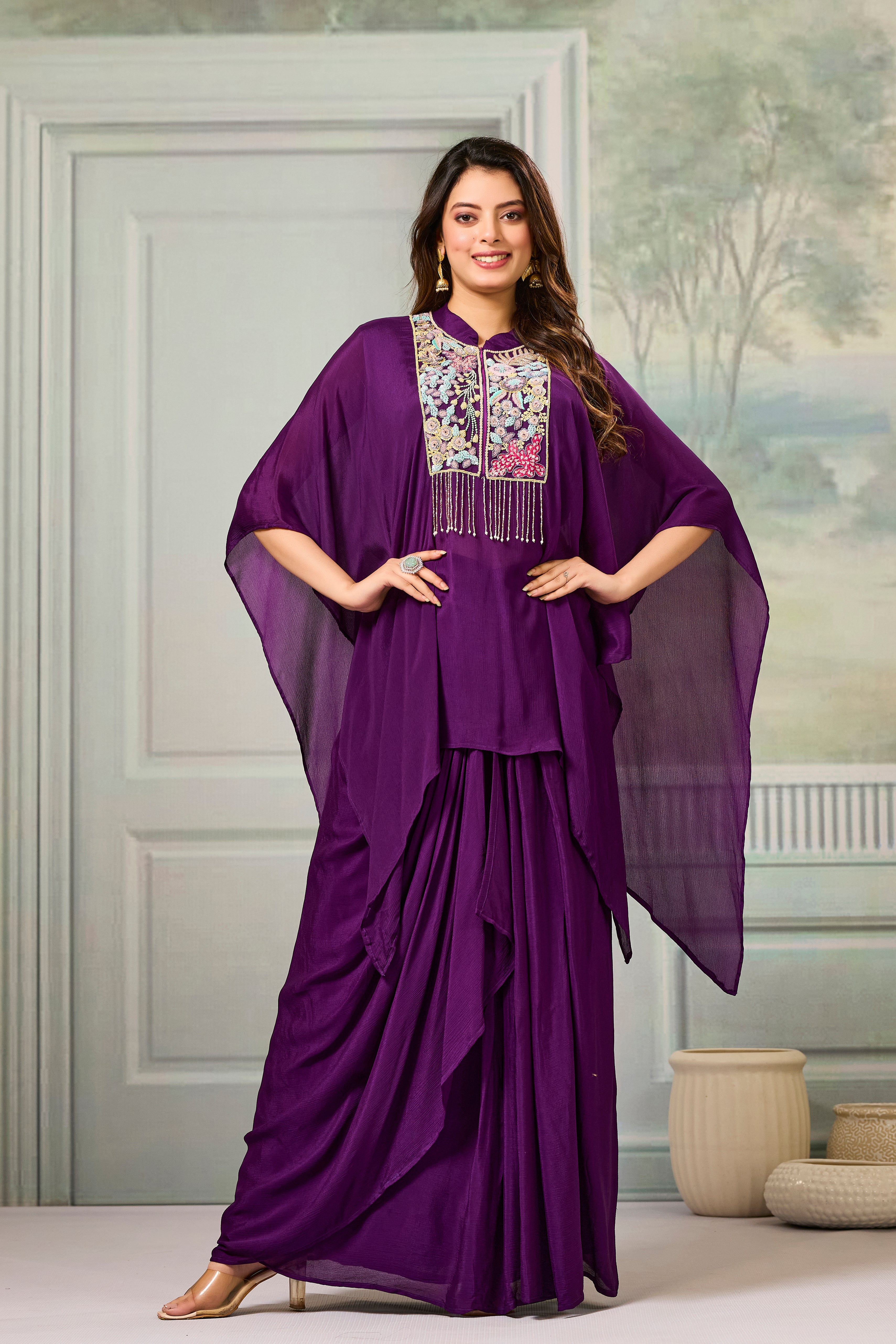 Purple Embroidered Chinon Silk Skirt Set