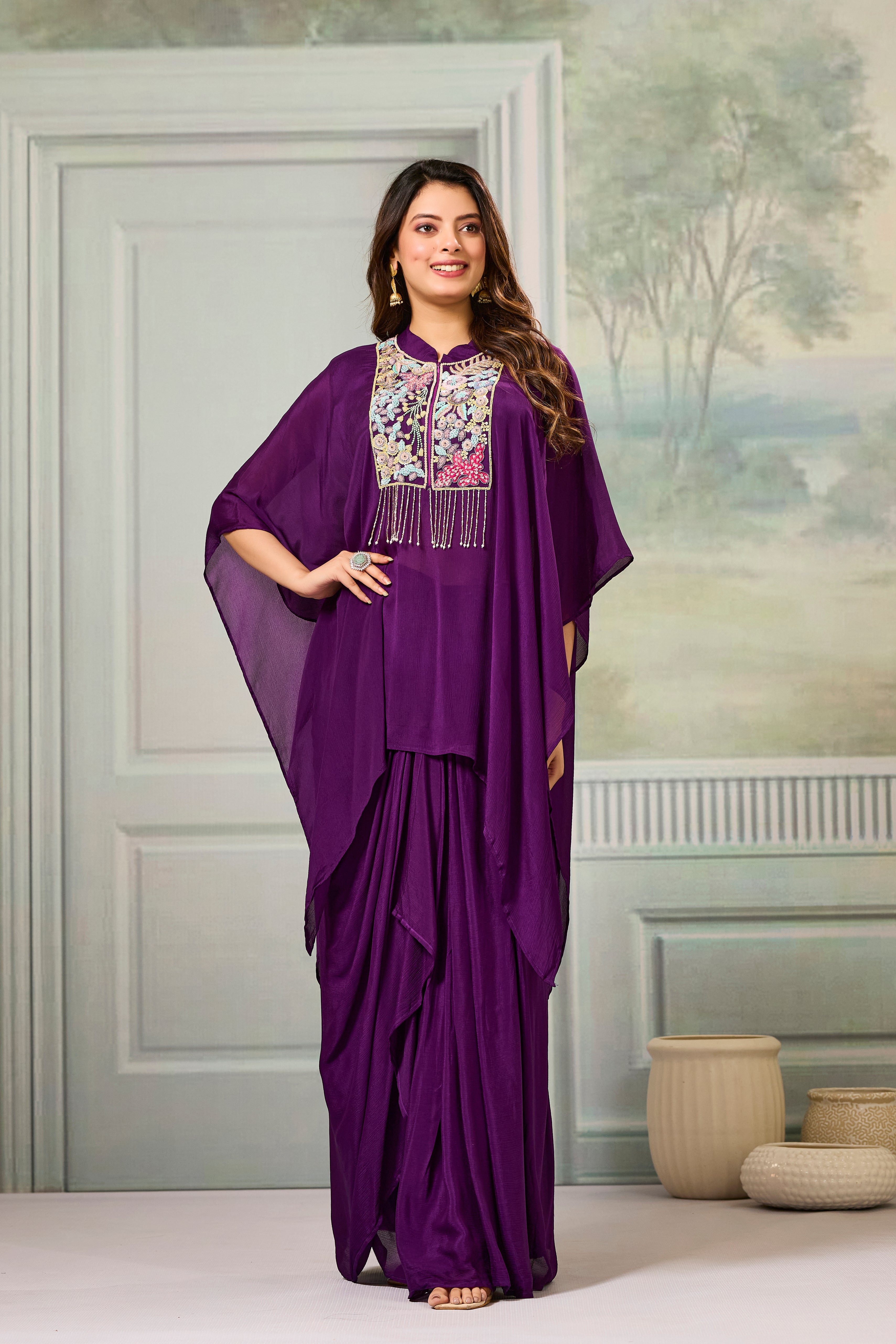 Purple Embroidered Chinon Silk Skirt Set