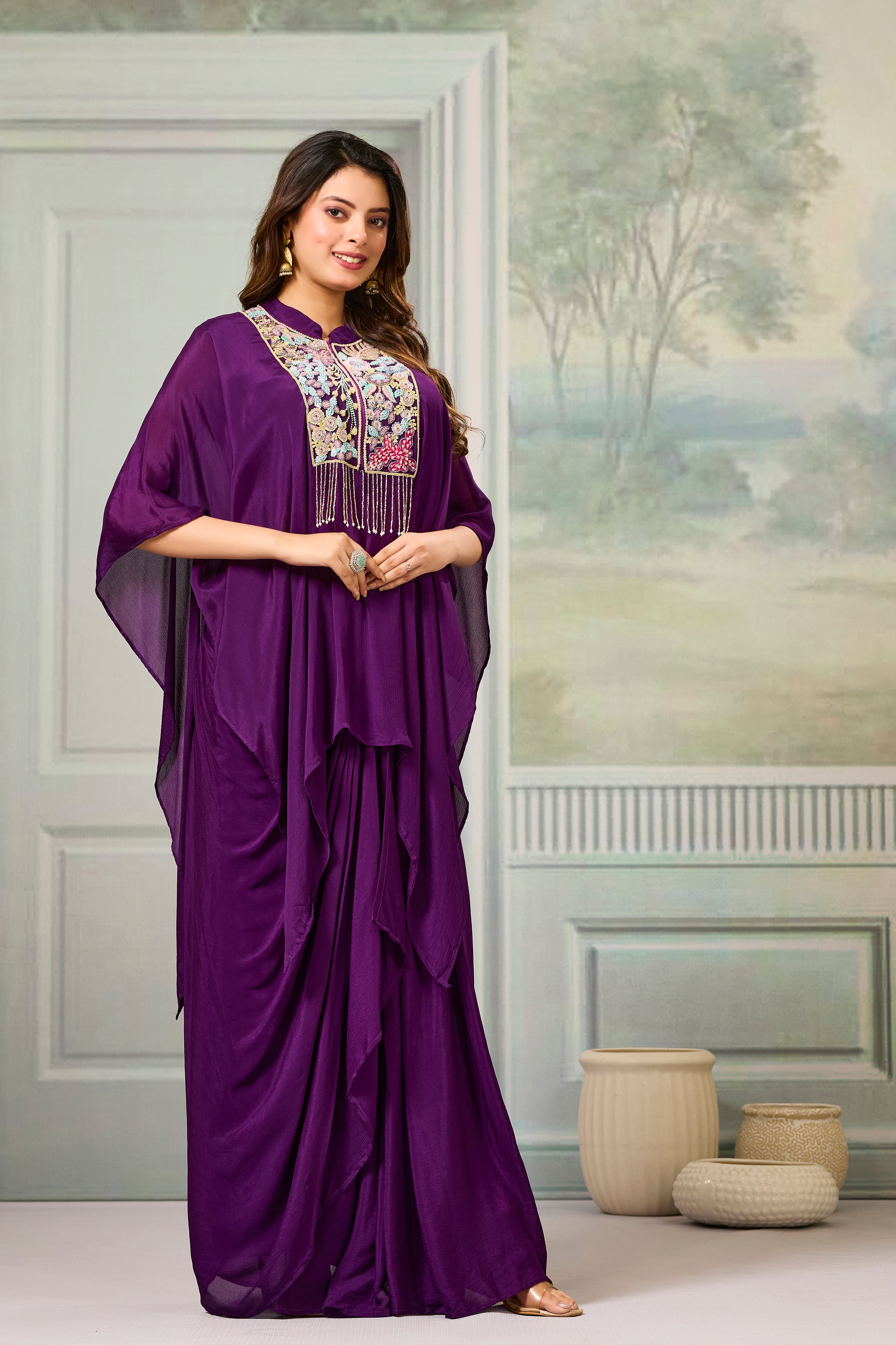 Purple Embroidered Chinon Silk Skirt Set