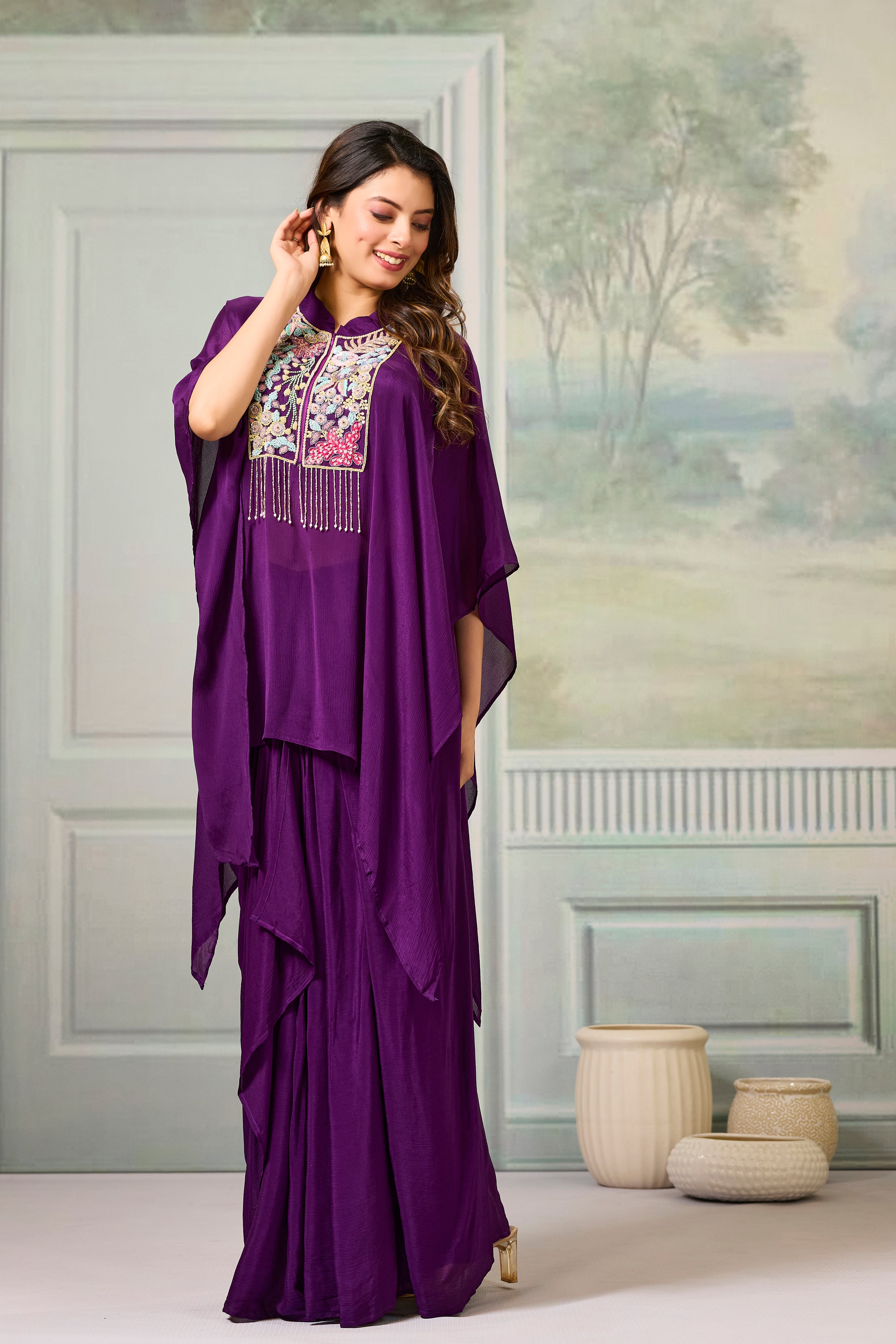 Purple Embroidered Chinon Silk Skirt Set