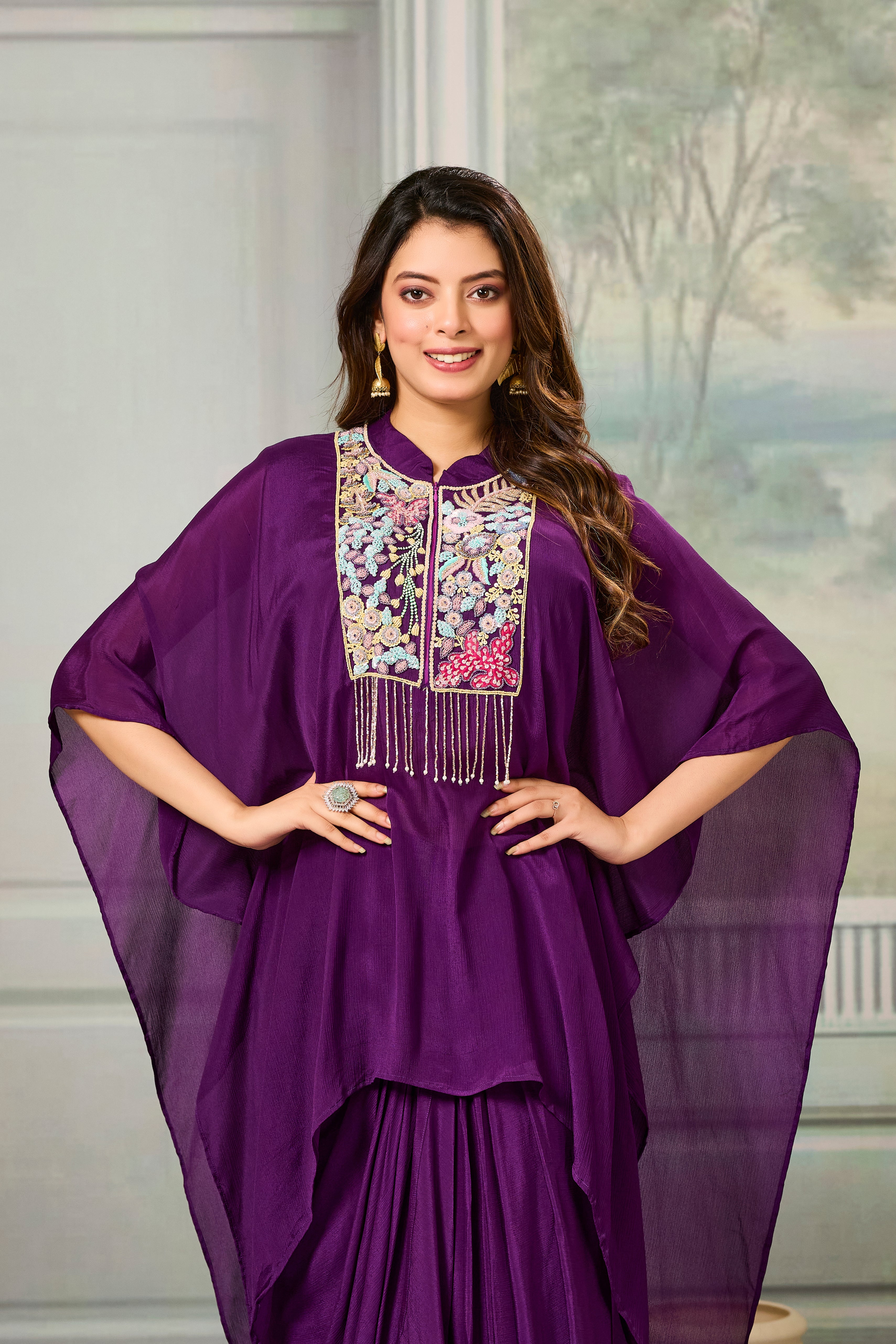 Purple Embroidered Chinon Silk Skirt Set