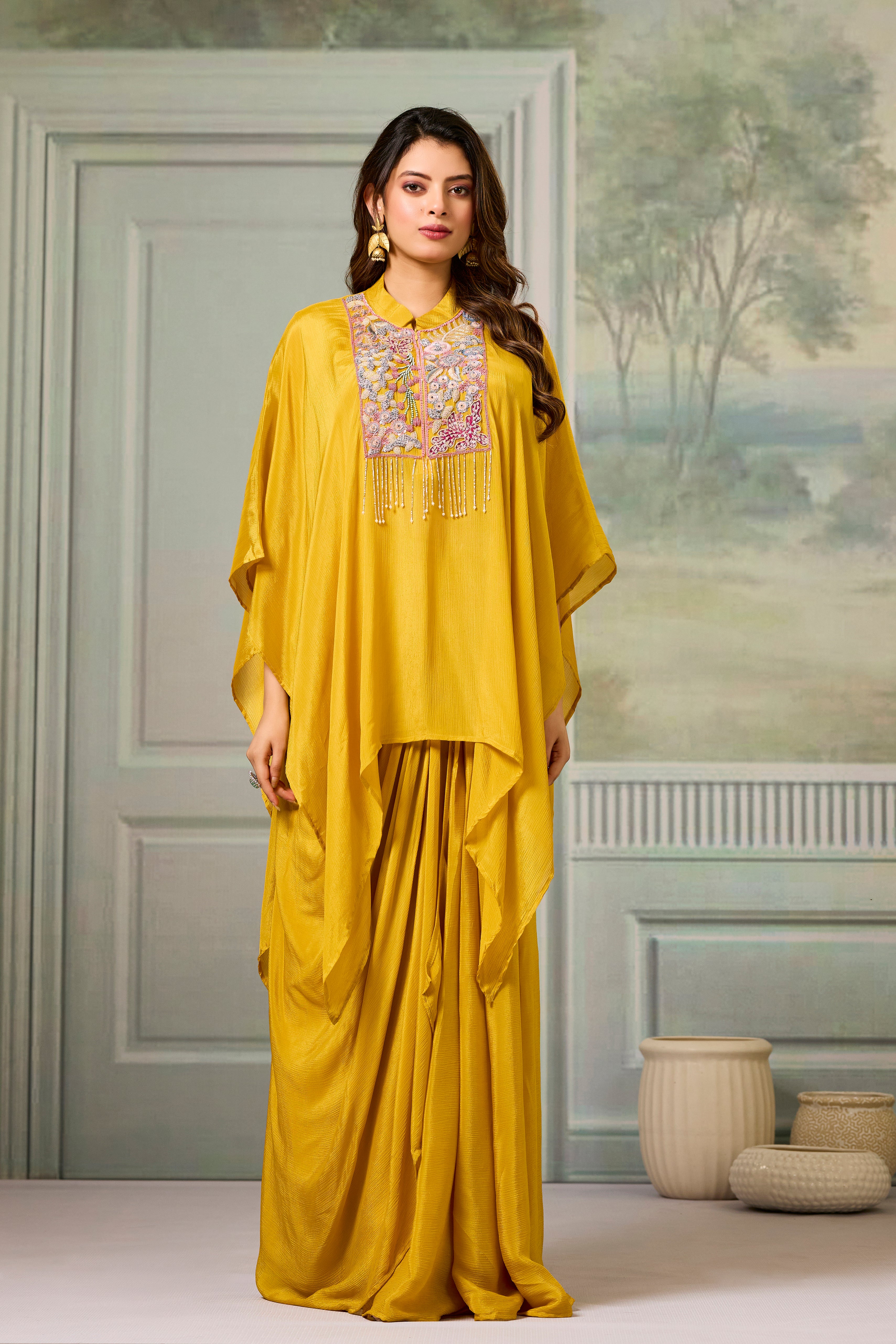 Yellow Embroidered Chinon Silk Skirt Set