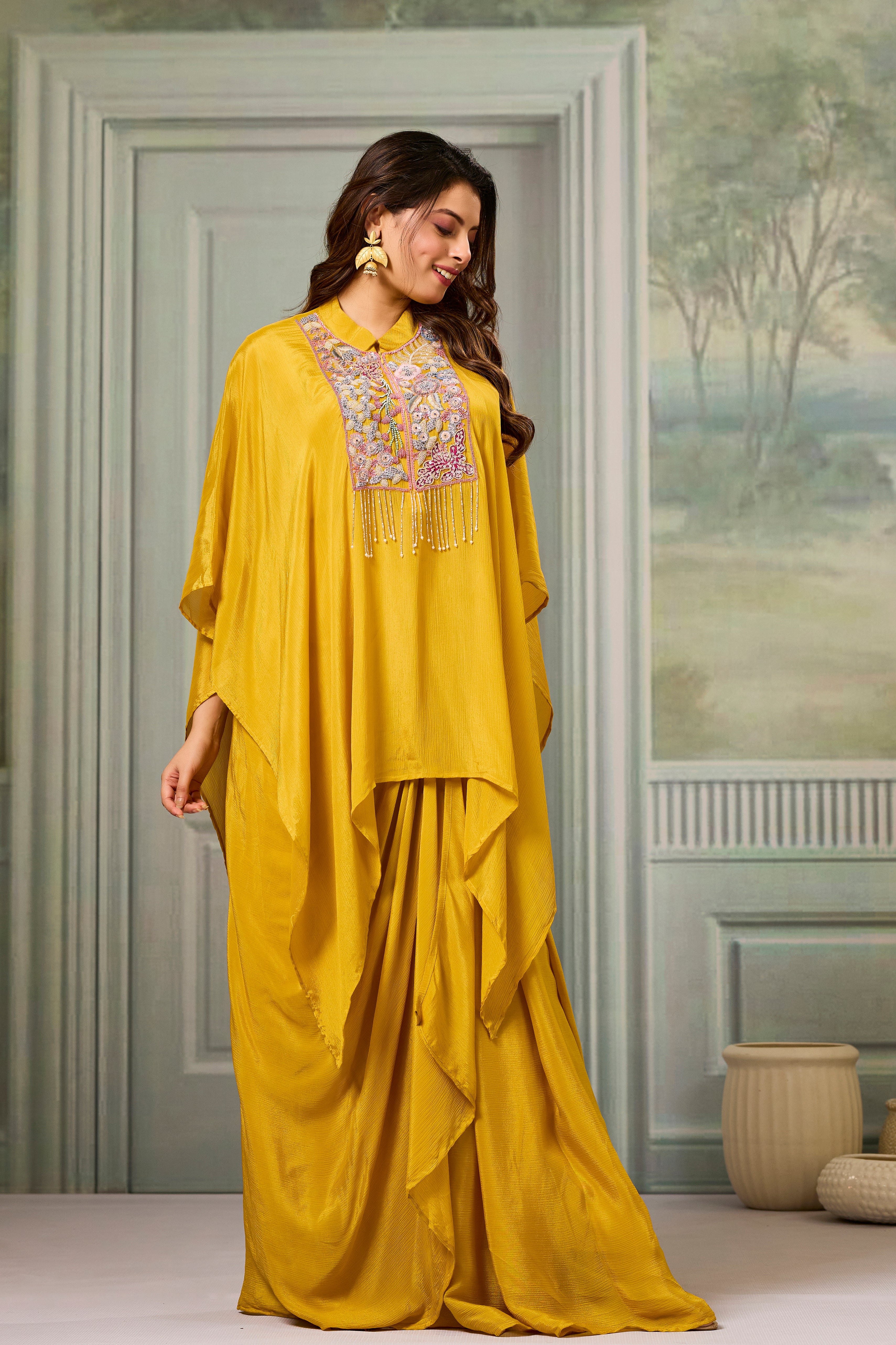 Yellow Embroidered Chinon Silk Skirt Set