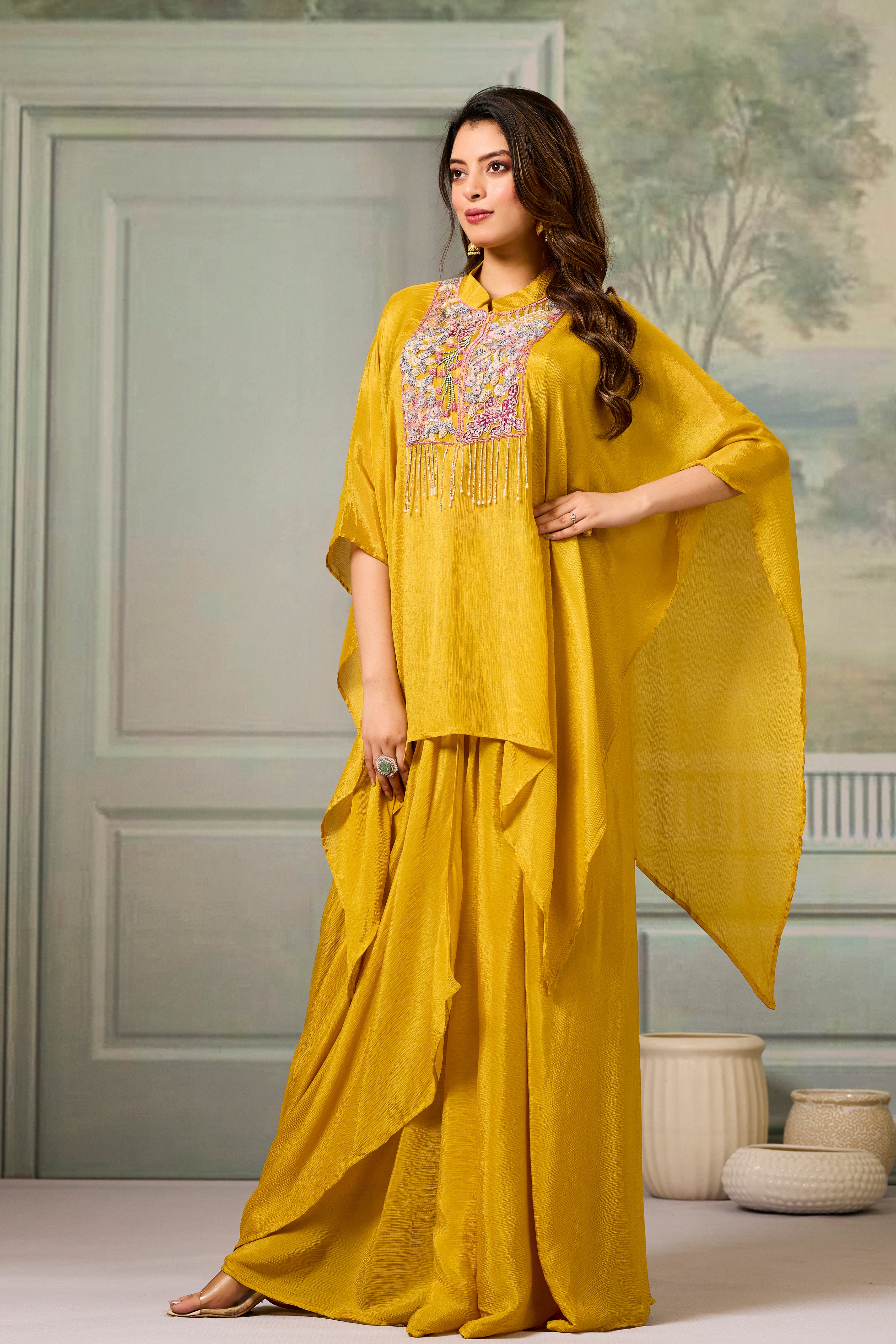 Yellow Embroidered Chinon Silk Skirt Set