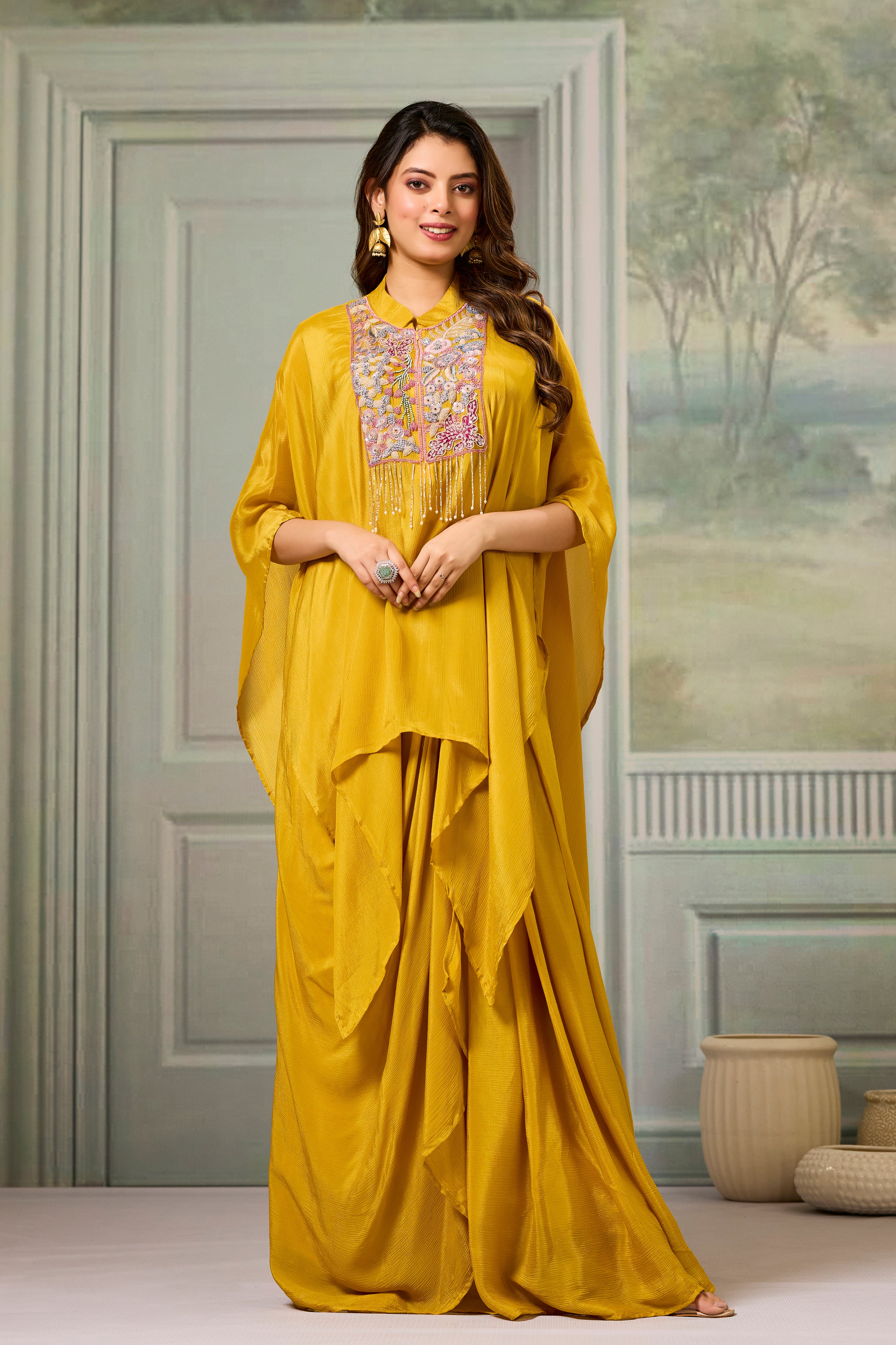 Yellow Embroidered Chinon Silk Skirt Set