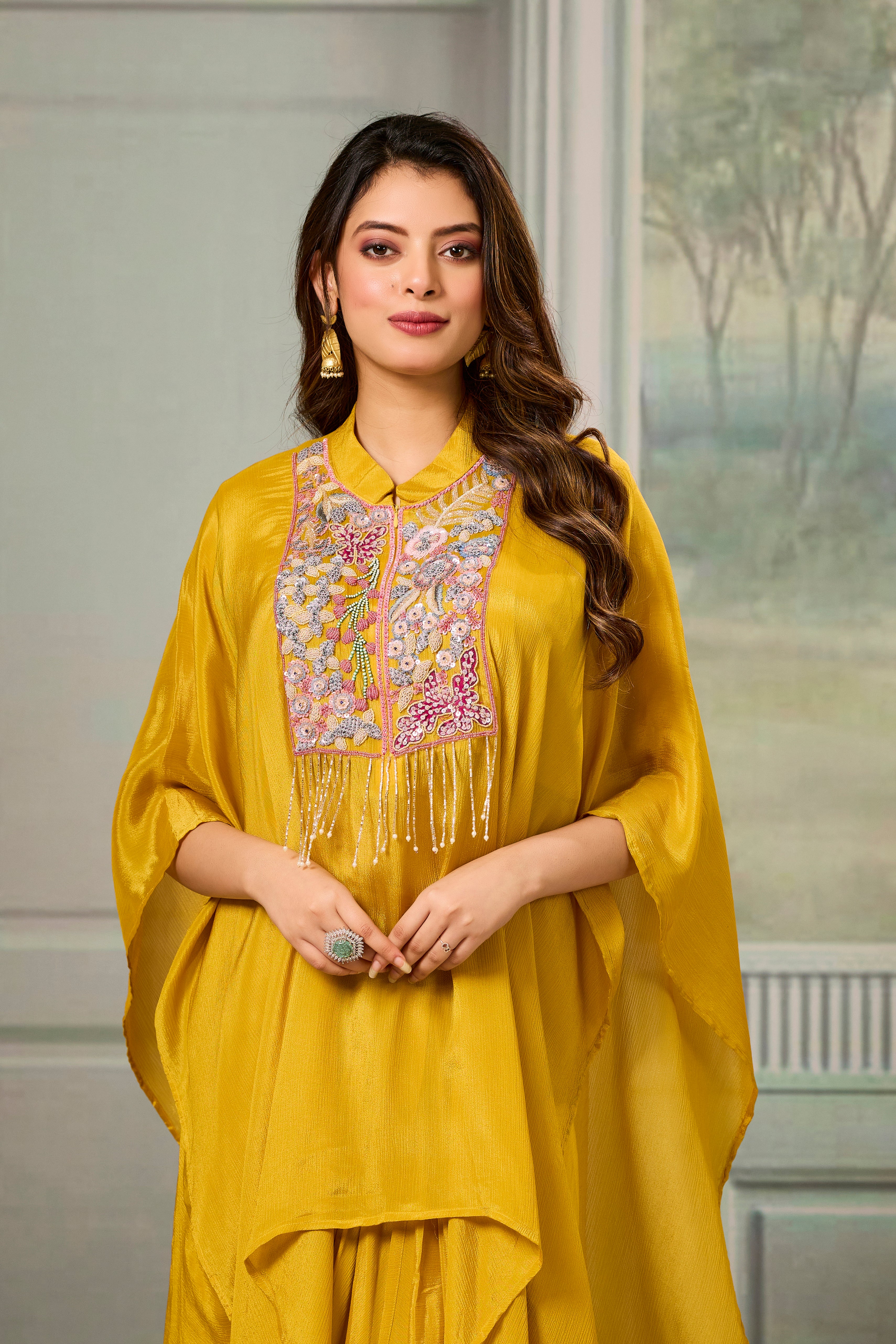 Yellow Embroidered Chinon Silk Skirt Set