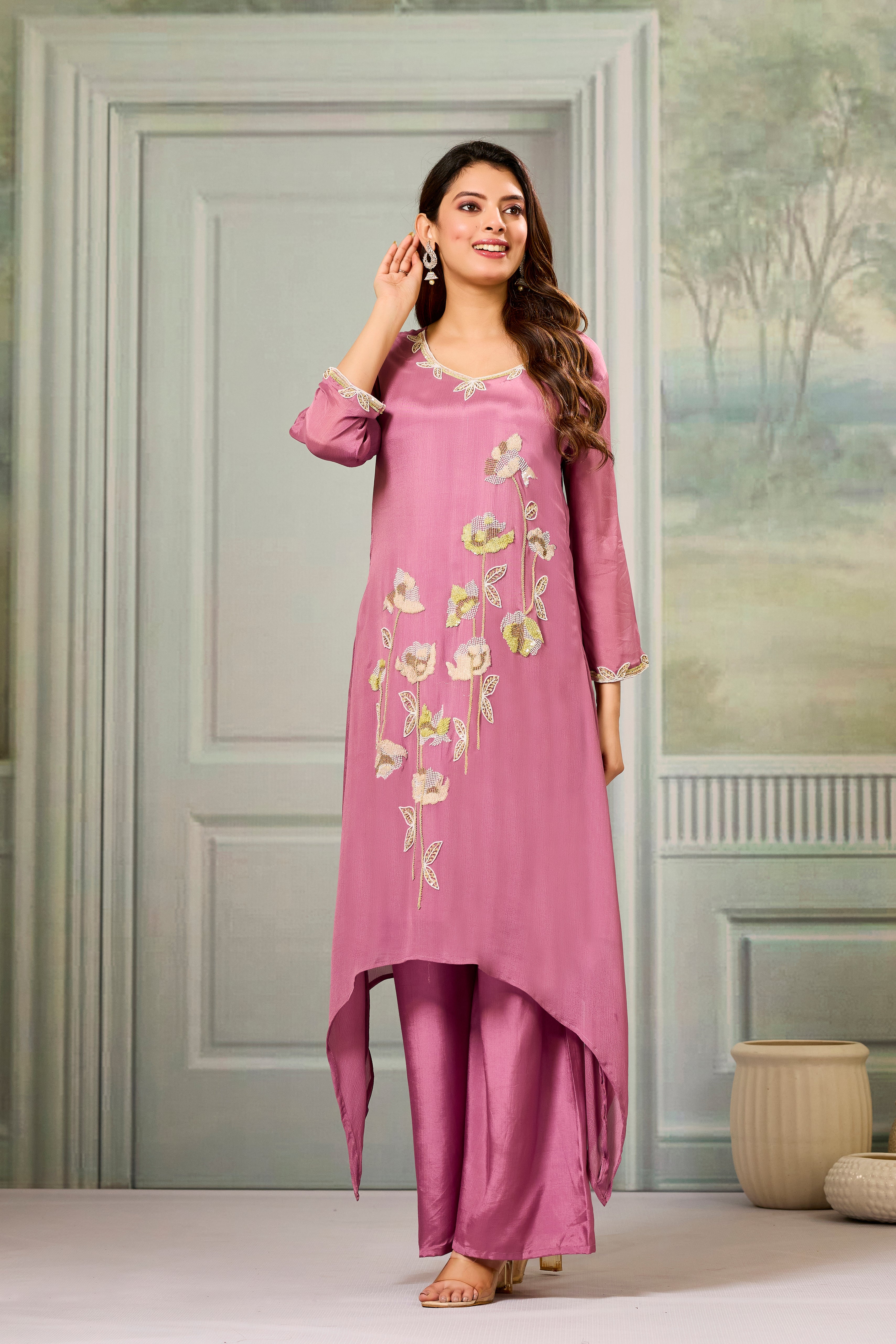 Pink Embellished Chinon Silk Palazzo Set