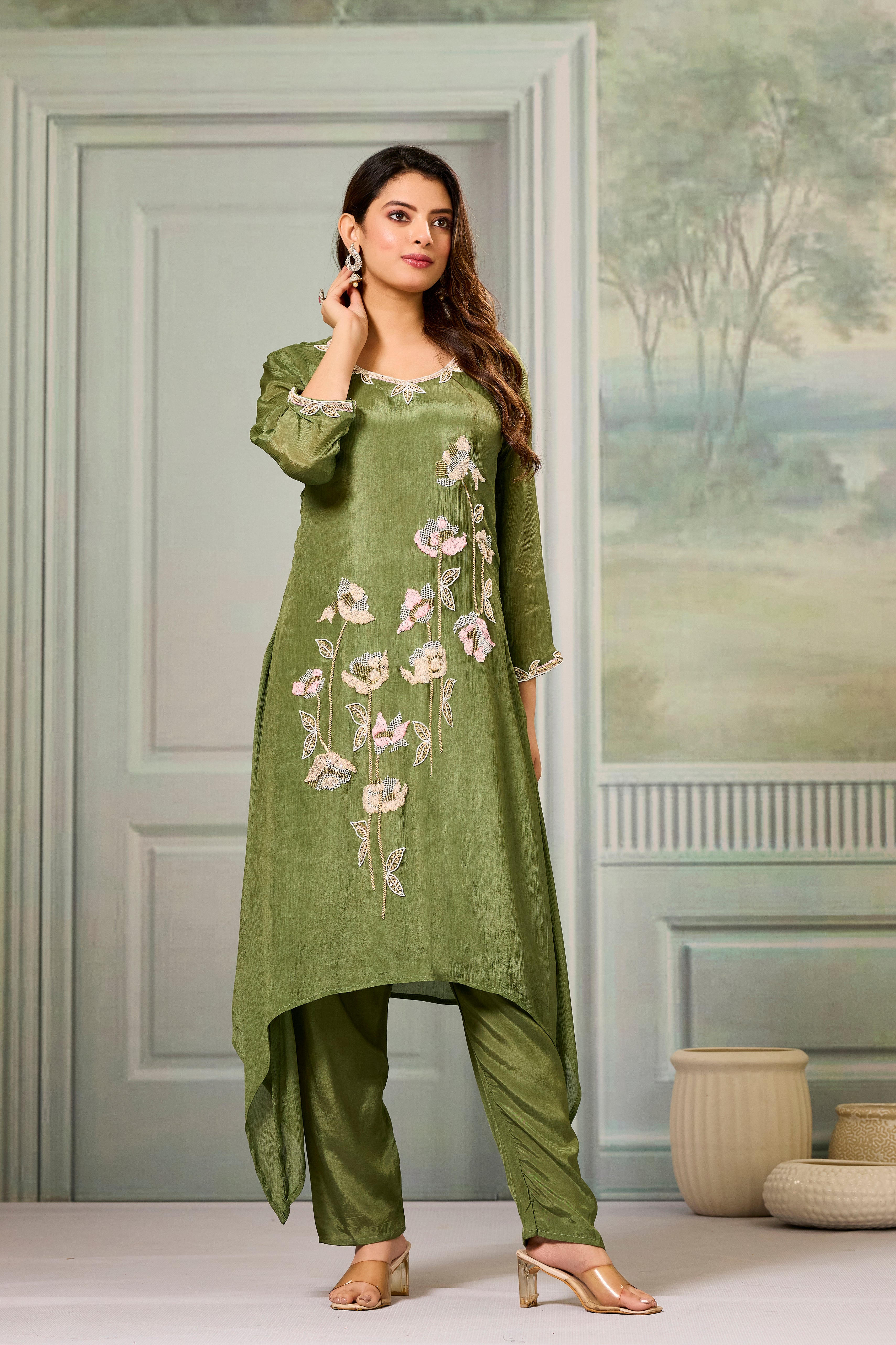 Green Embellished Chinon Silk Palazzo Set