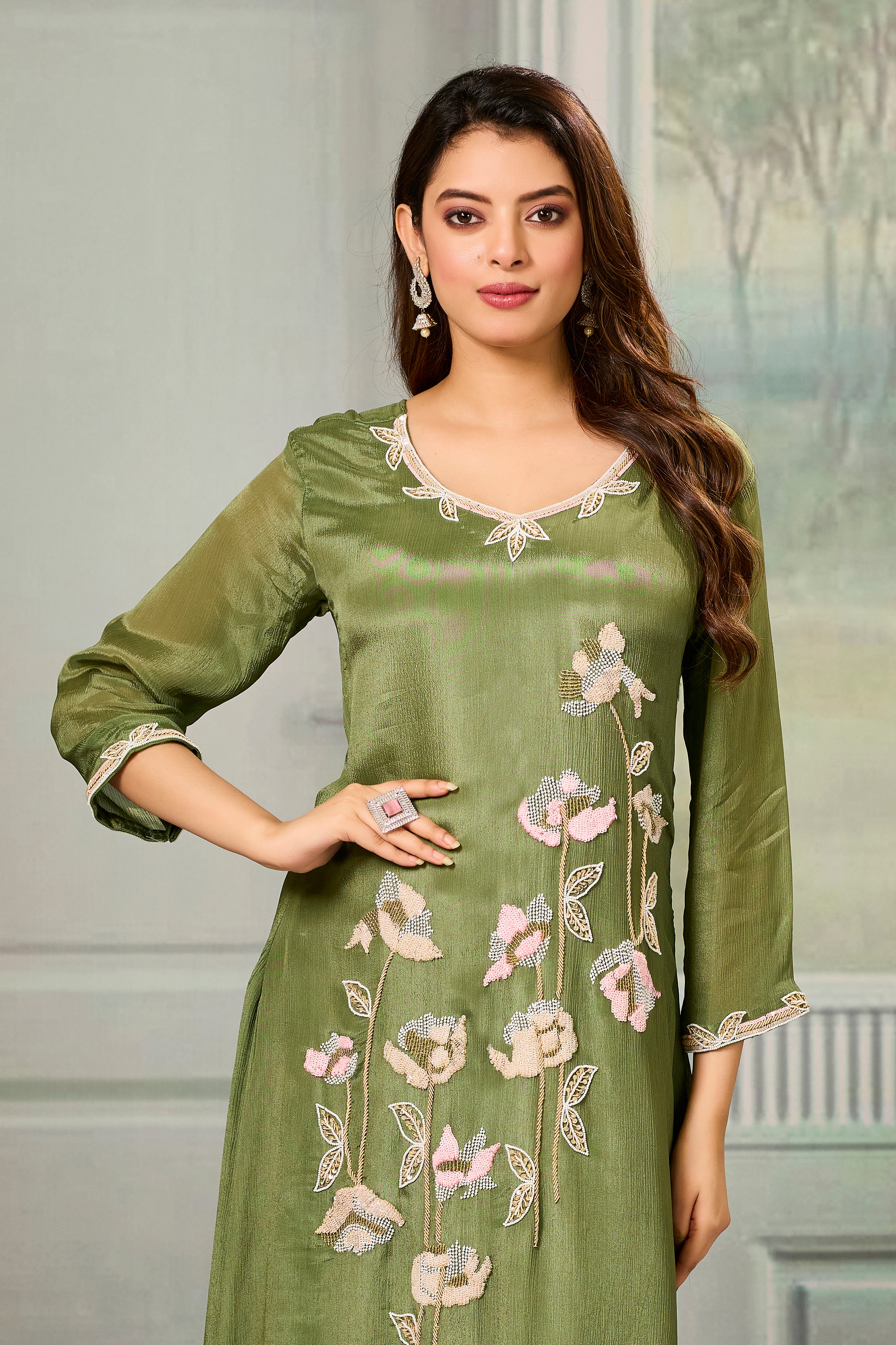 Green Embellished Chinon Silk Palazzo Set