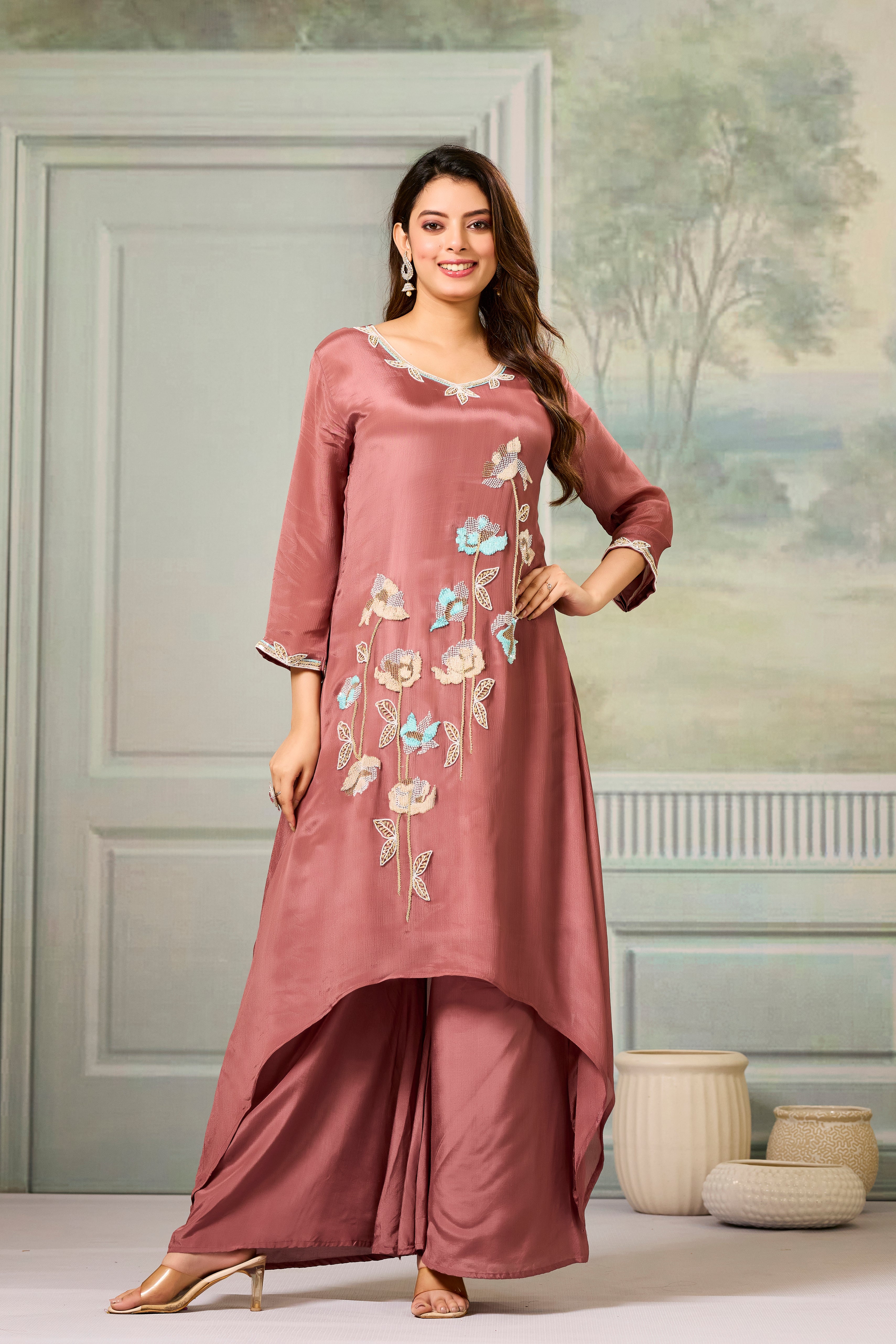 Rustic Mauve Embellished Chinon Silk Palazzo Set