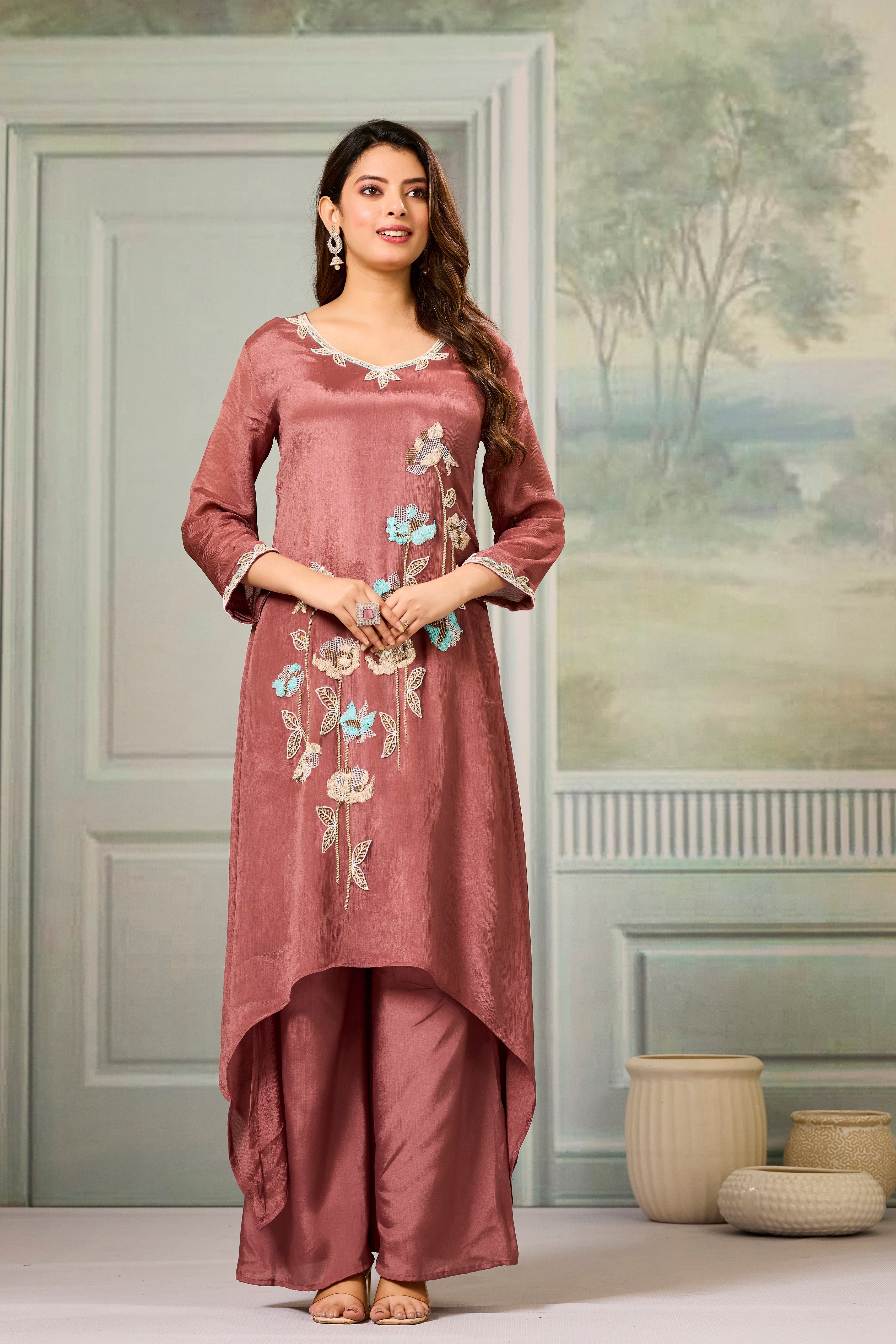 Rustic Mauve Embellished Chinon Silk Palazzo Set