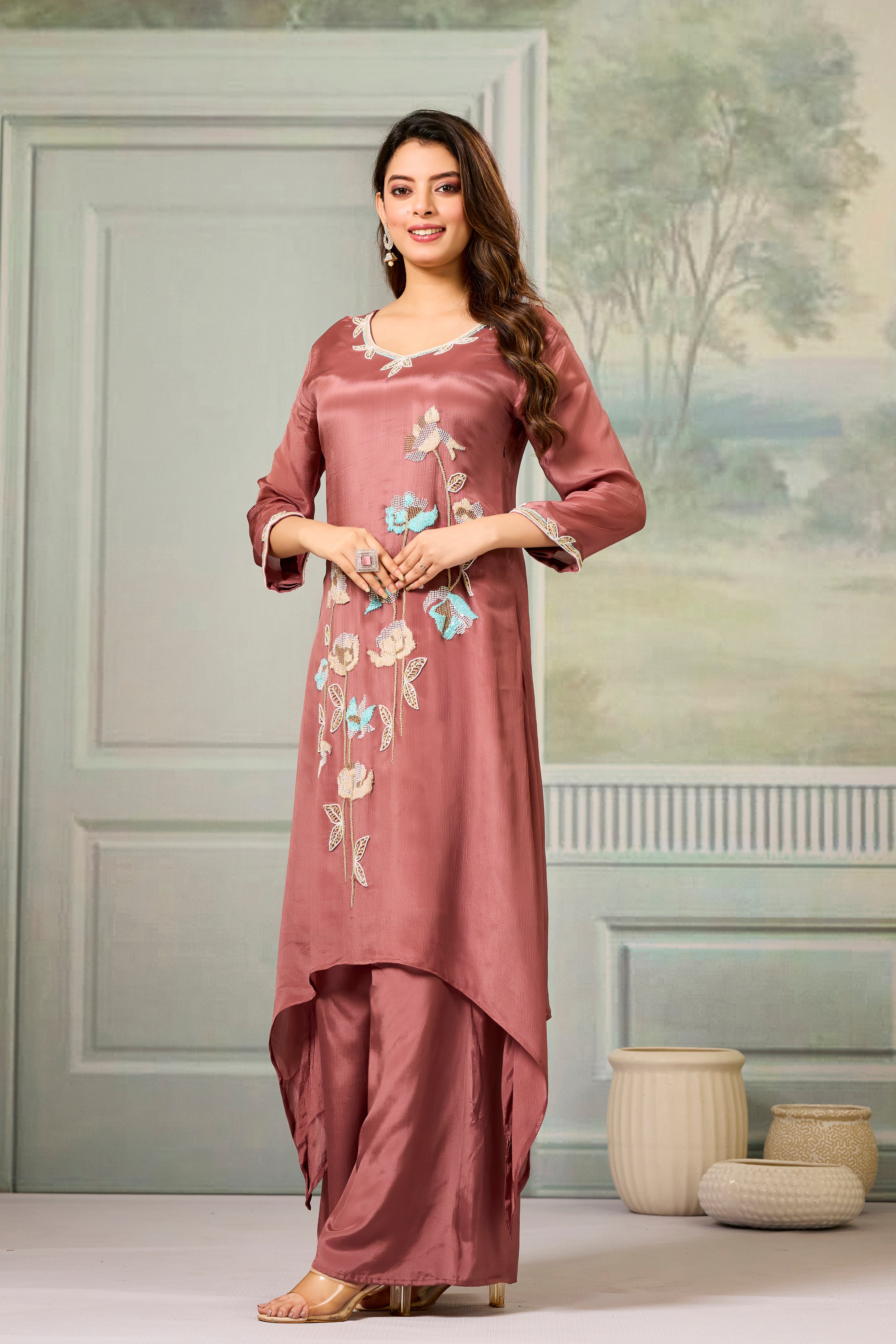 Rustic Mauve Embellished Chinon Silk Palazzo Set