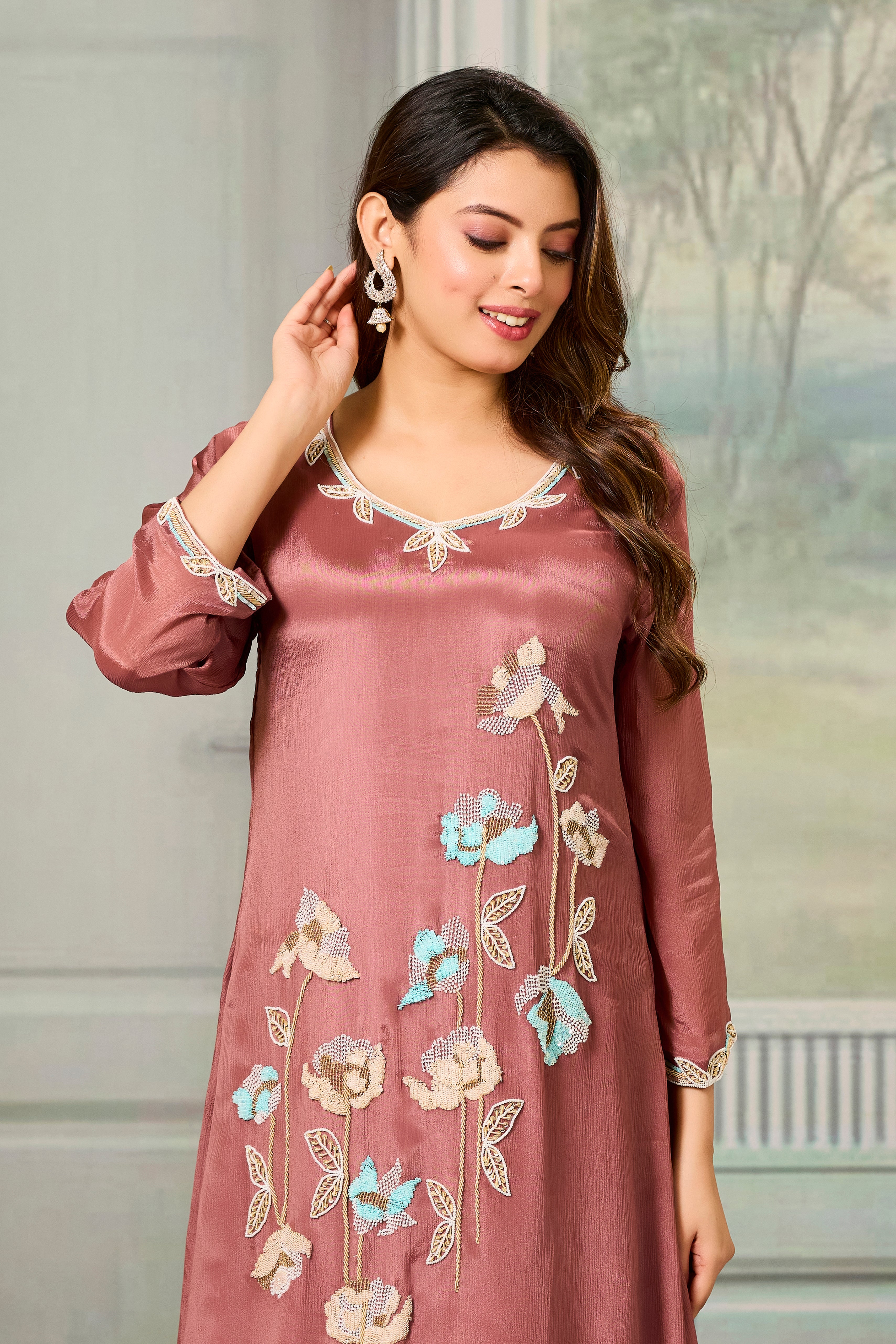 Rustic Mauve Embellished Chinon Silk Palazzo Set