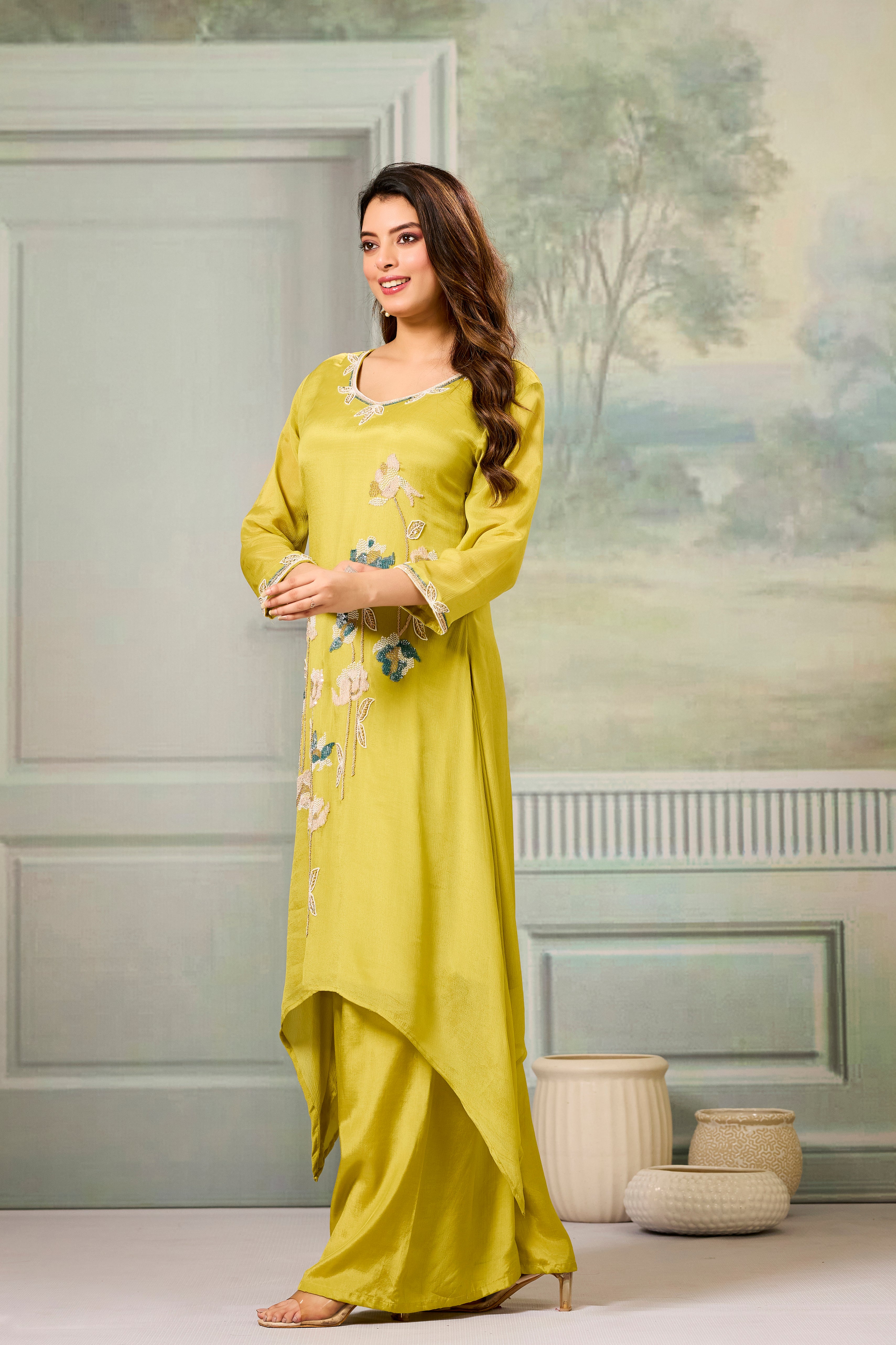 Pear Green Embellished Chinon Silk Palazzo Set
