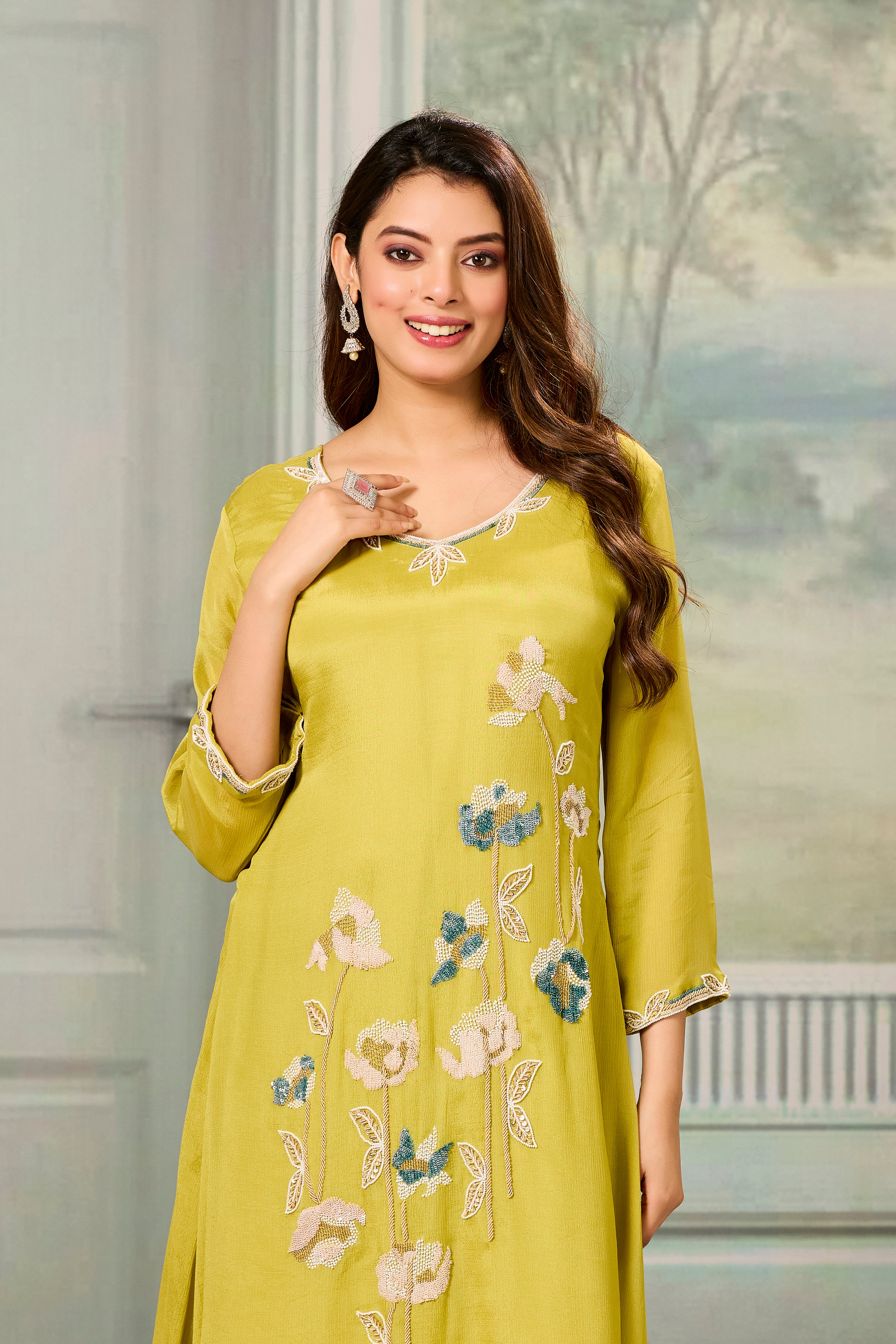 Pear Green Embellished Chinon Silk Palazzo Set