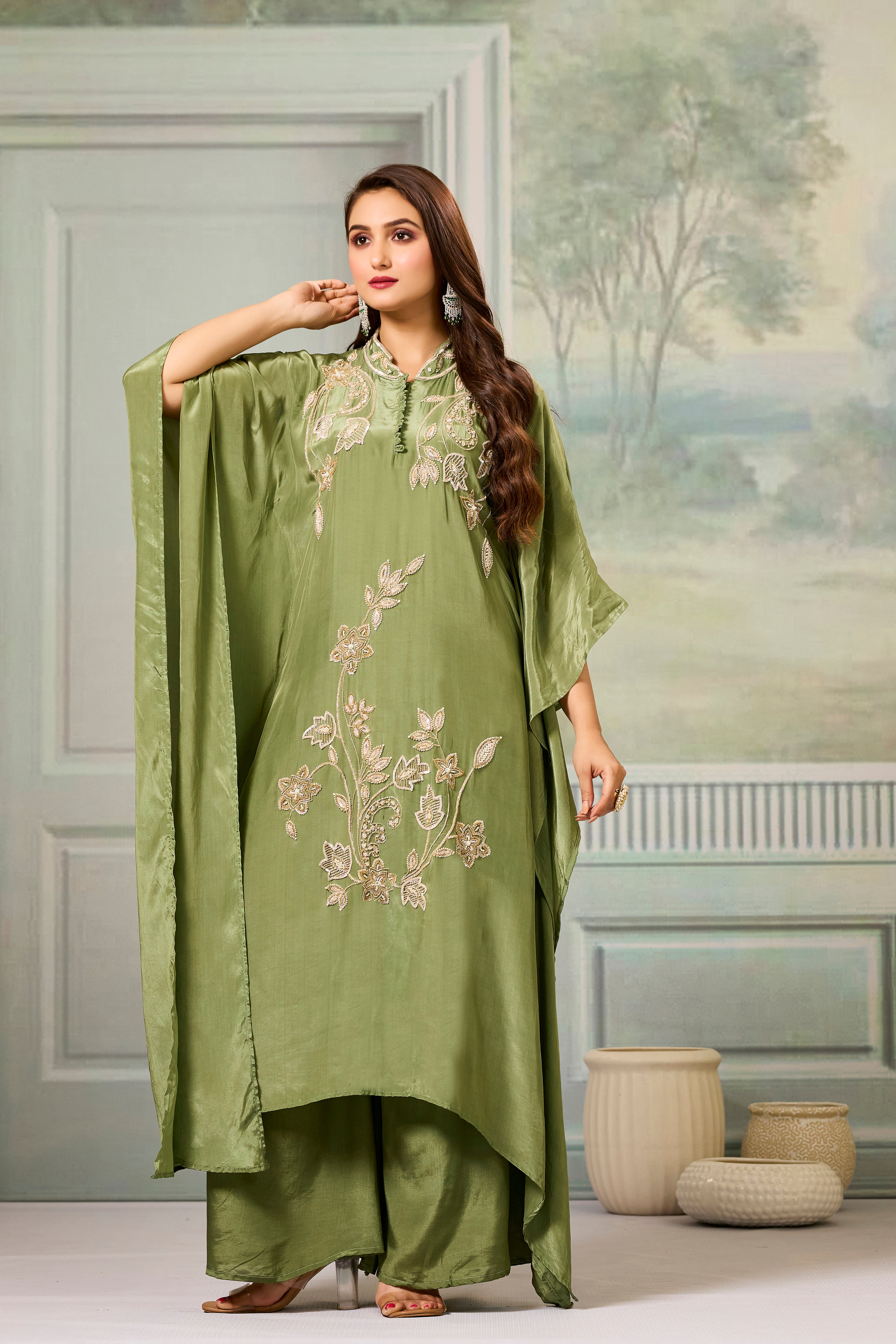 Green Handwork Crepe Silk Kaftan Set
