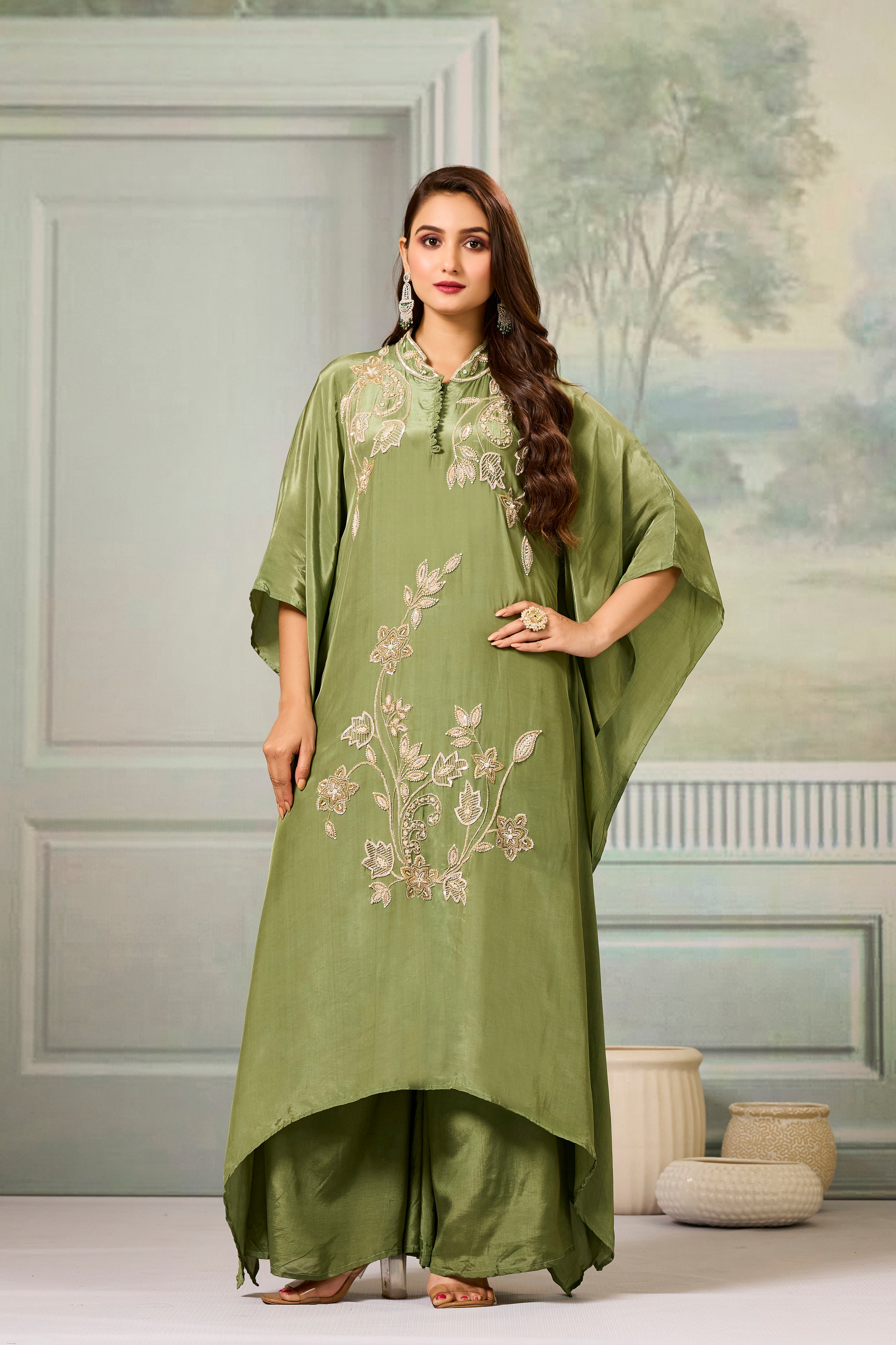 Green Handwork Crepe Silk Kaftan Set