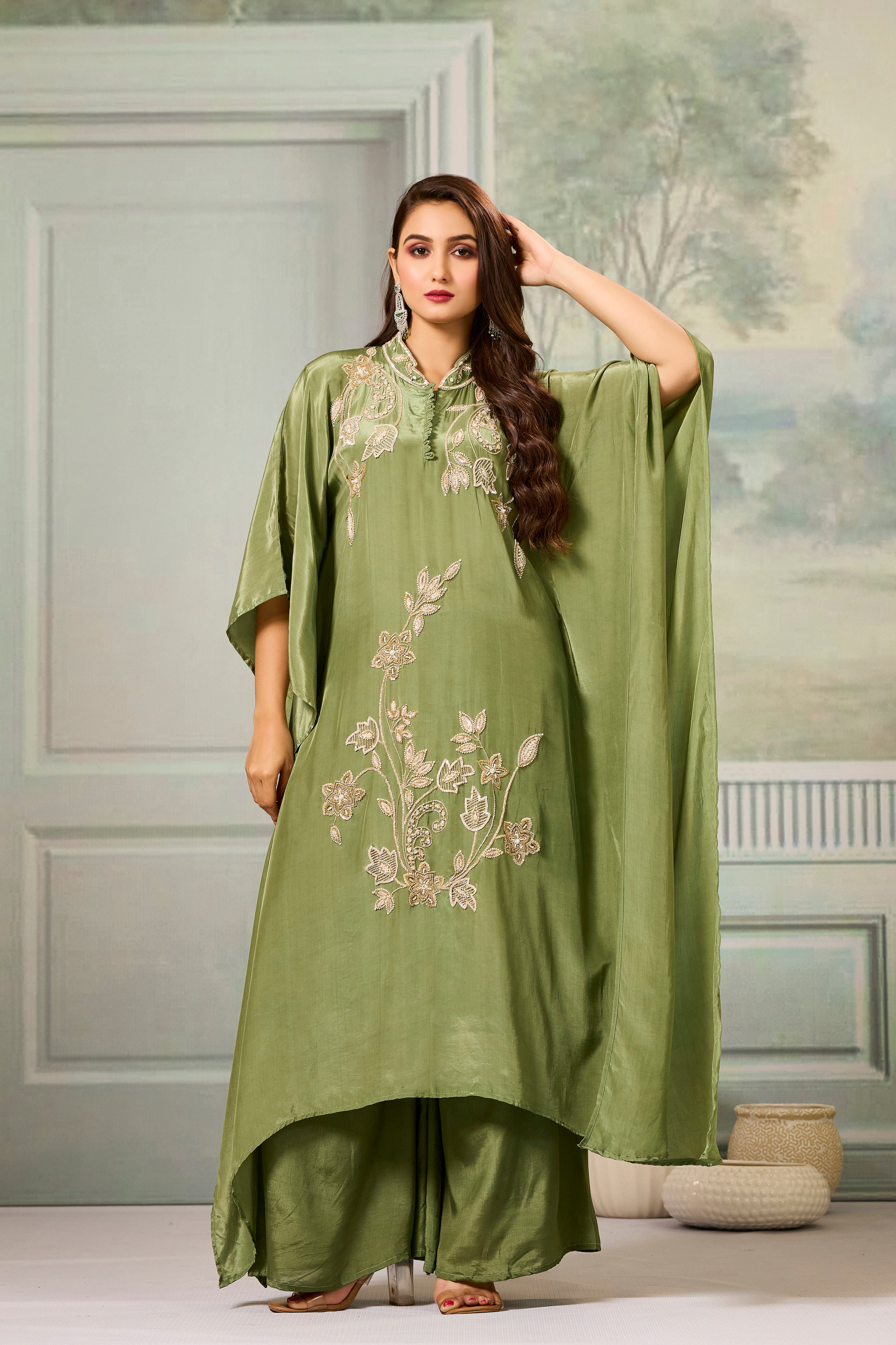 Green Handwork Crepe Silk Kaftan Set